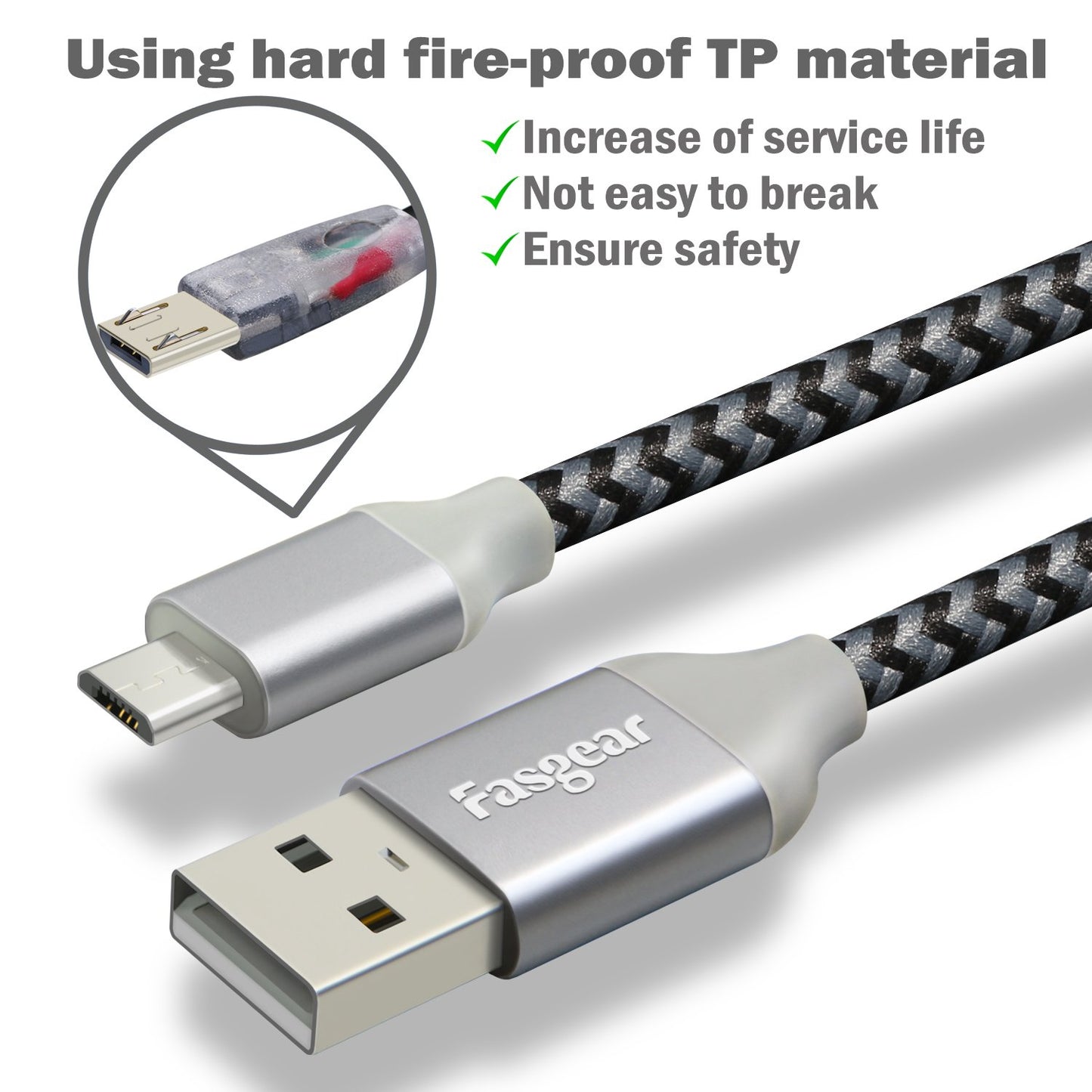 Fasgear Micro USB Cable 10ft 2 Pack 2.4A Fast Charging Android Phone Charger Cord Braided Micro-B 2.0 Cable Compatible for PS4 X-Box One