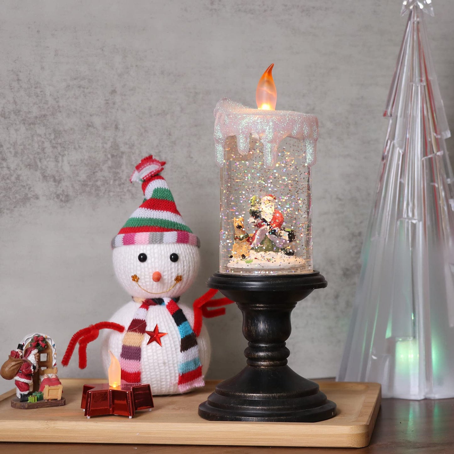 Eldnacele Battery Operated Lighted Flameless Candles Christmas Snow Globe Candle Light Swirling Water Glittering Spinning Candles for Home