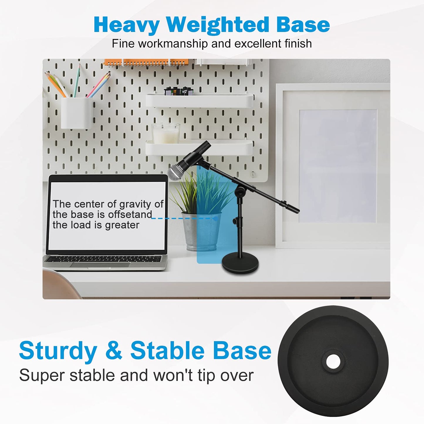 Mictop Adjustable Desktop Mic Stand, Desk Stand Tabletop Table Top Microphone Stand with Mic Clip for Handheld Microphone, Boom Arm, 5/8" Male to 3/8"