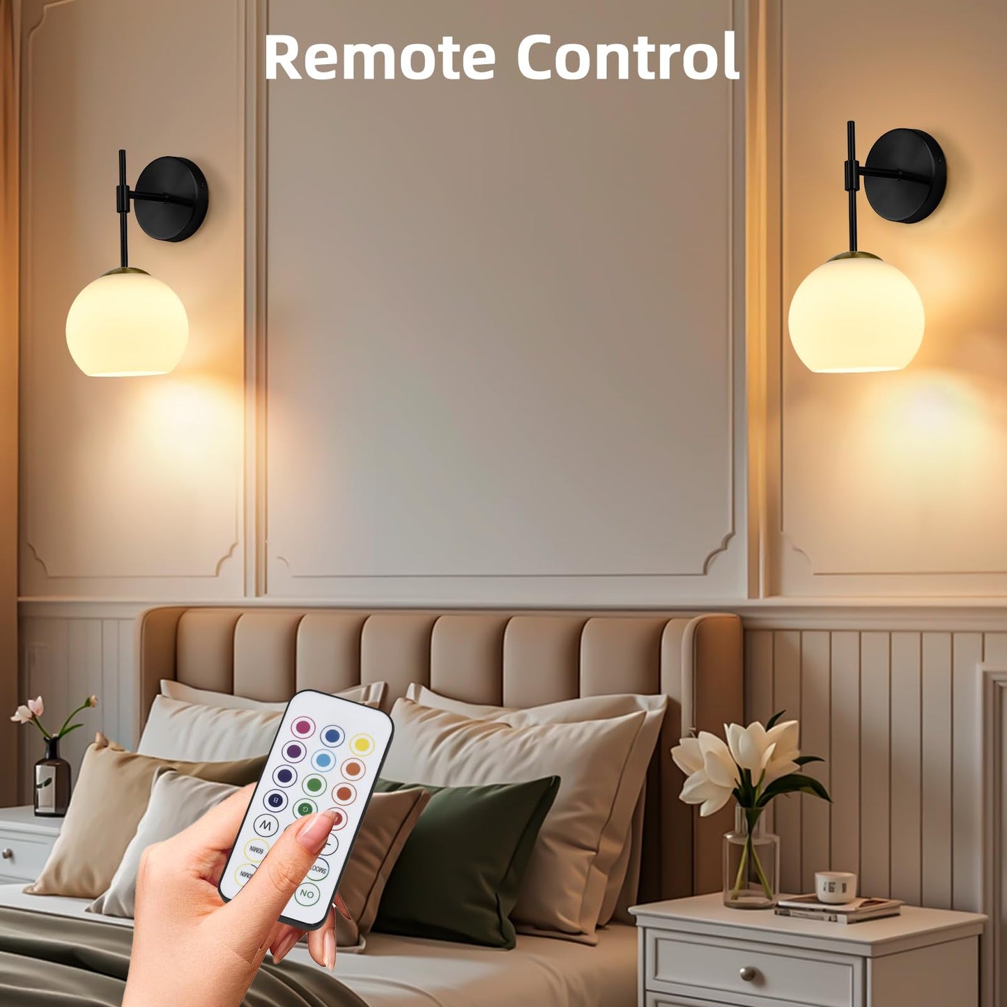 NOVCAND Battery Operated Wall Sconces Set of 2, Rechargeable Wall Lights with Milk Glass Shade, 12 RGB and 3CCT Dimmable, Wireless Wall Lamps