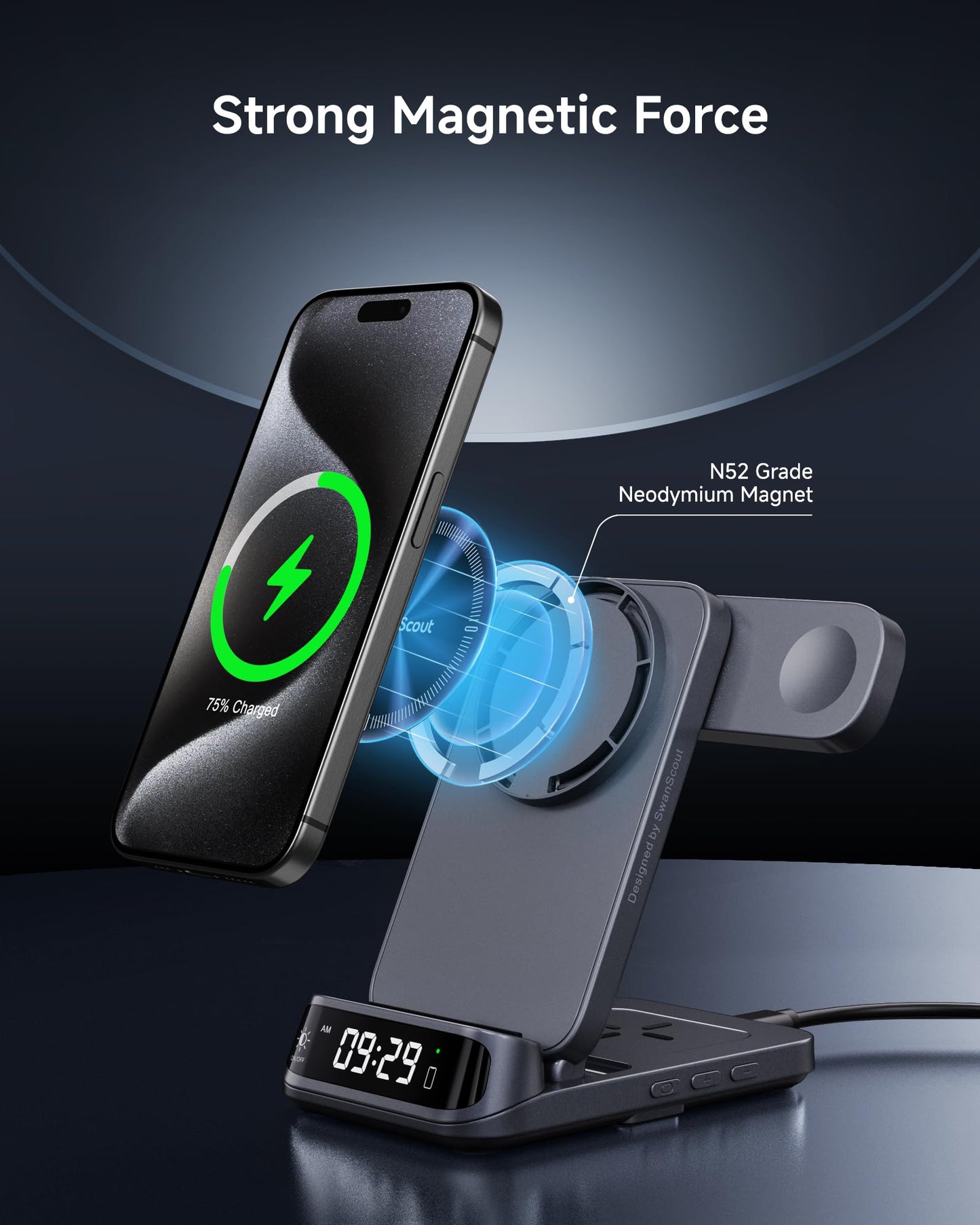 MagSafe Charger Stand with Dimmable Clock, Foldable 3 in 1 Magnetic Wireless Charging Station for iPhone Air/17/16/15 Series, Apple Watch & AirPods