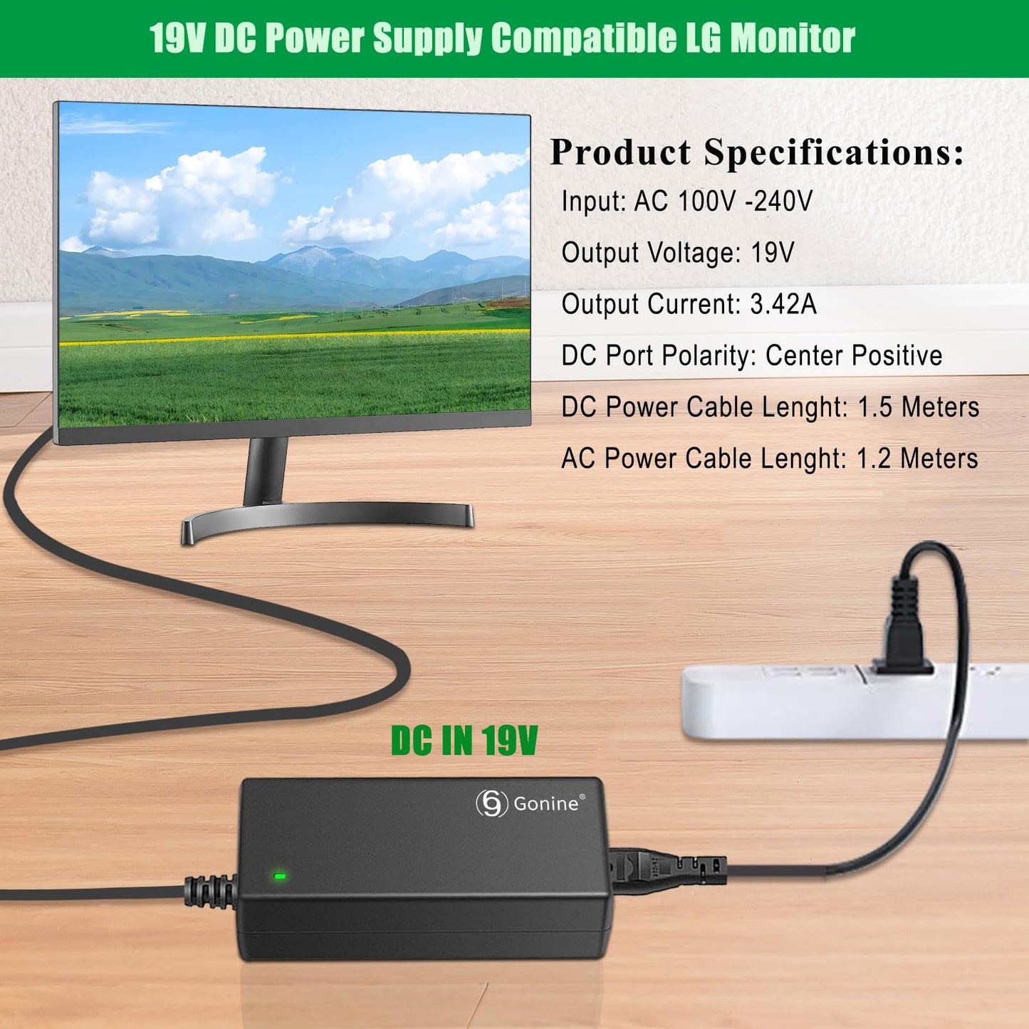 19V 3.42A Power Supply Replacement for 19Volt LG Monitor & LED TV, Compatible with LG 32" 27" 24" 23" 22" 20" 19" LCD/LED HD Widescreen Displays…