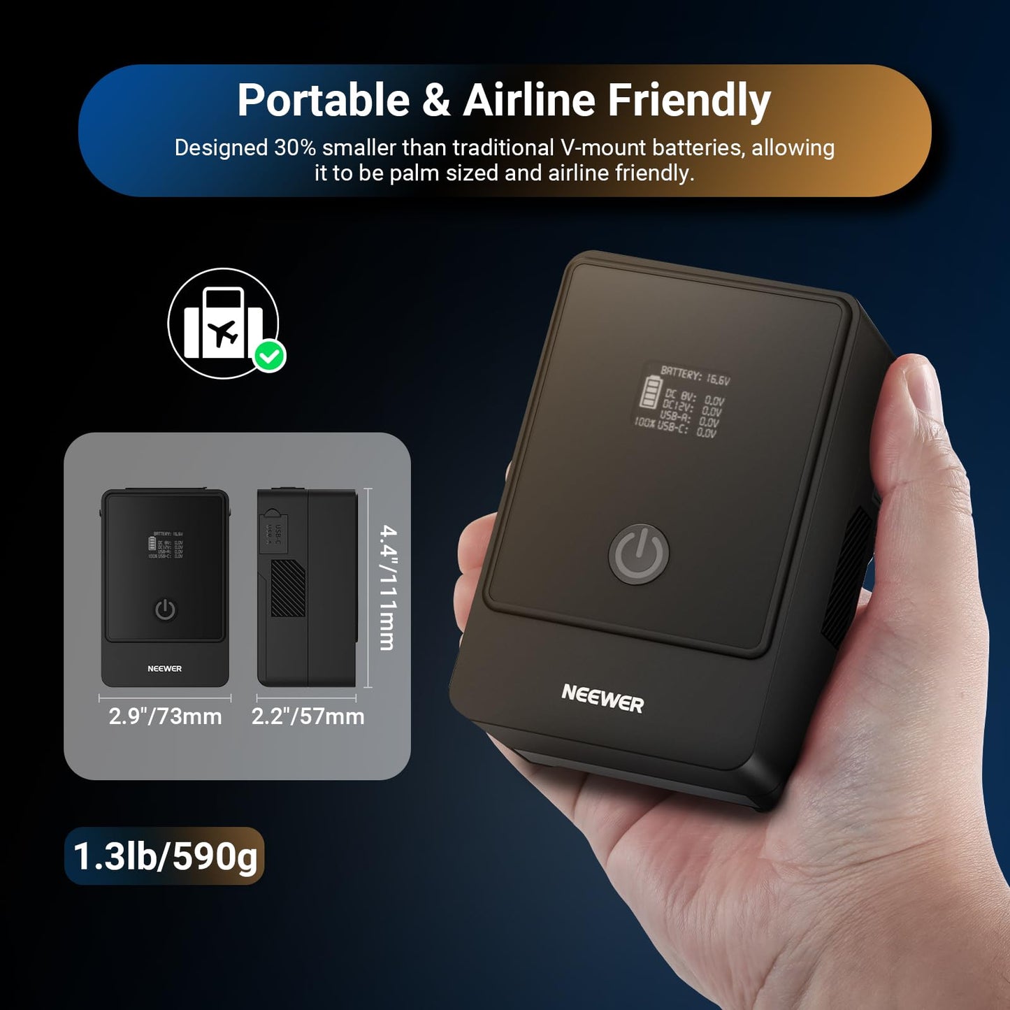 Neewer Mini V Mount Battery 6800mAh 99Wh, Two Way 100W USB C PD 3.0 Fast Charging, 2.5h Fully Charged, 6 Ports/OLED for Video Camera Camcorder