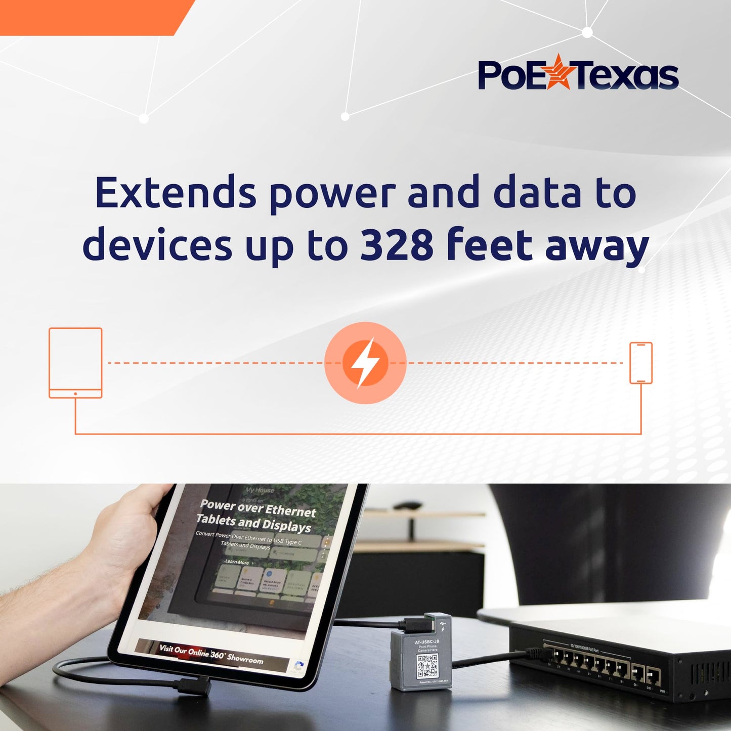 PoE Texas PoE+ Power and Data Adapter for USB-C Tablets & Devices for POS, Digital Signage, & More - 802.3at POE+ to USB-C Power Delivery - Extends