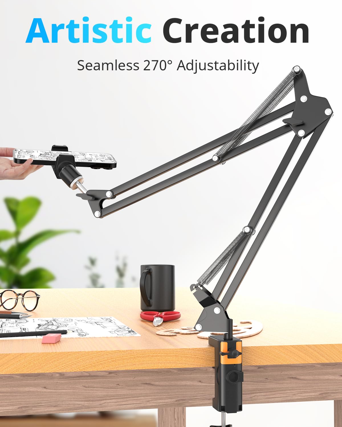UBeesize Overhead Phone Mount, Flexible Webcam Arm with Phone Holder and Ball Head, Overhead Tripod for Phone Drawing Live Streaming Cooking Flat