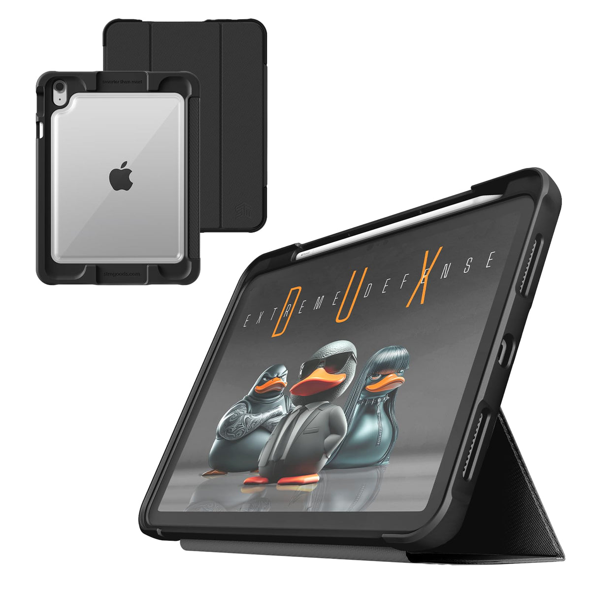 STM Dux Ultra Case for iPad A16/10th Gen - Rugged MIL-SPEC Drop Protection, Snap Magnetic Stand, Pencil & Crayon Storage, Clear Back, Auto Sleep/Wake