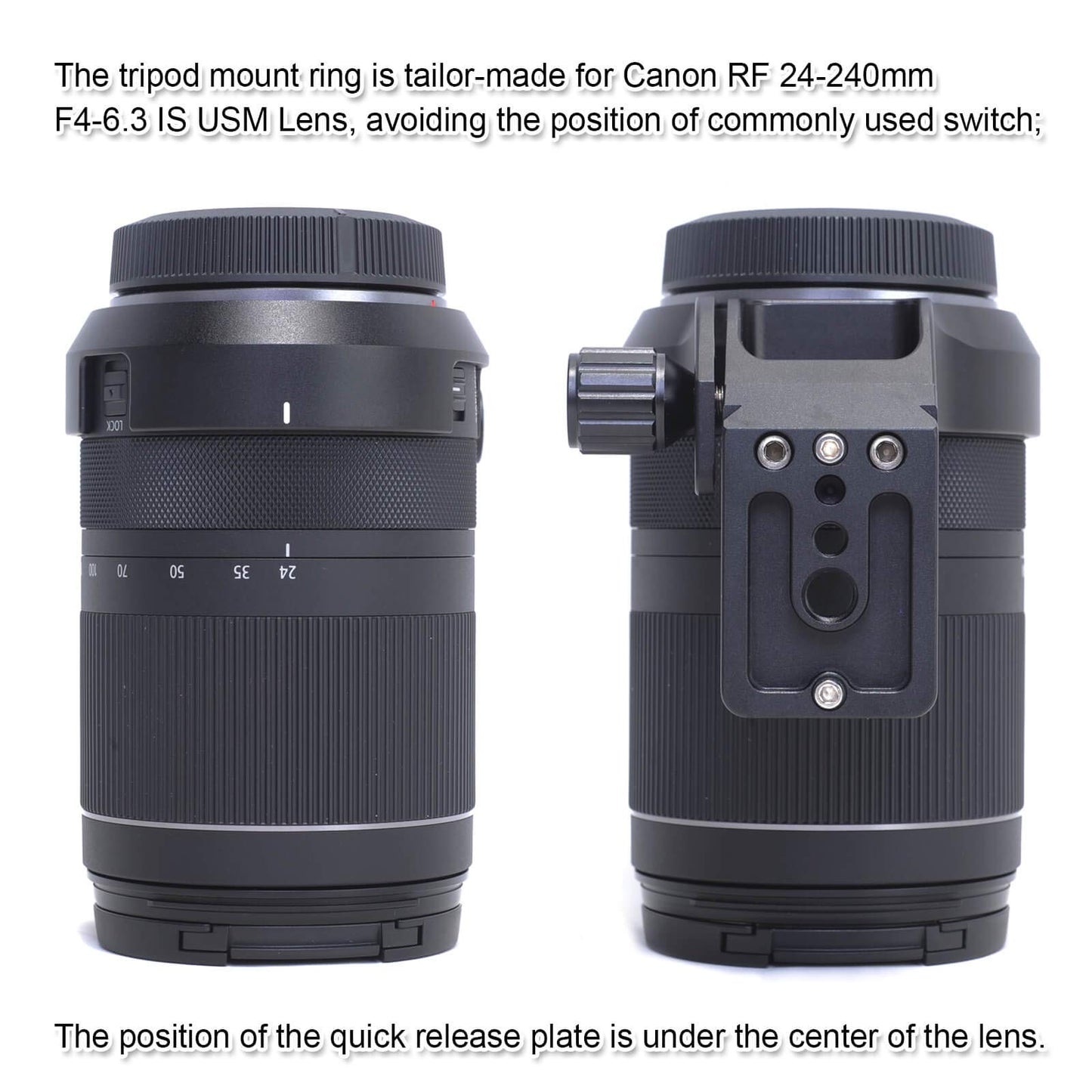 iShoot CNC Machined Diameter 79mm Tripod Mount Ring Lens Collar for Canon RF 24-240mm F4-6.3 is USM Lens, Built-in 70mm Arca-Swiss Quick Release Plate