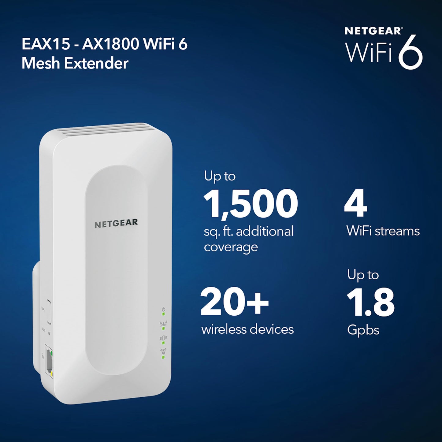 NETGEAR WiFi 6 Mesh Range Extender (EAX15) - Add up to 1,500 sq. ft., 20 Devices with AX1800 Dual-Band Wireless Signal Repeater (up to 1.8 Gbps