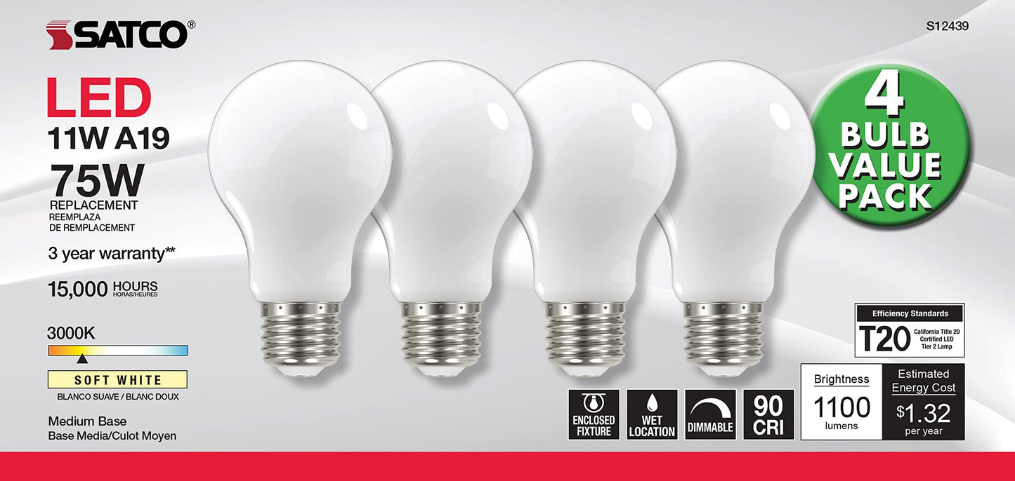 Satco S12439, A19 LED Light Bulbs, 75W Replacement, 3000K, 4-Pack, LED Lamp