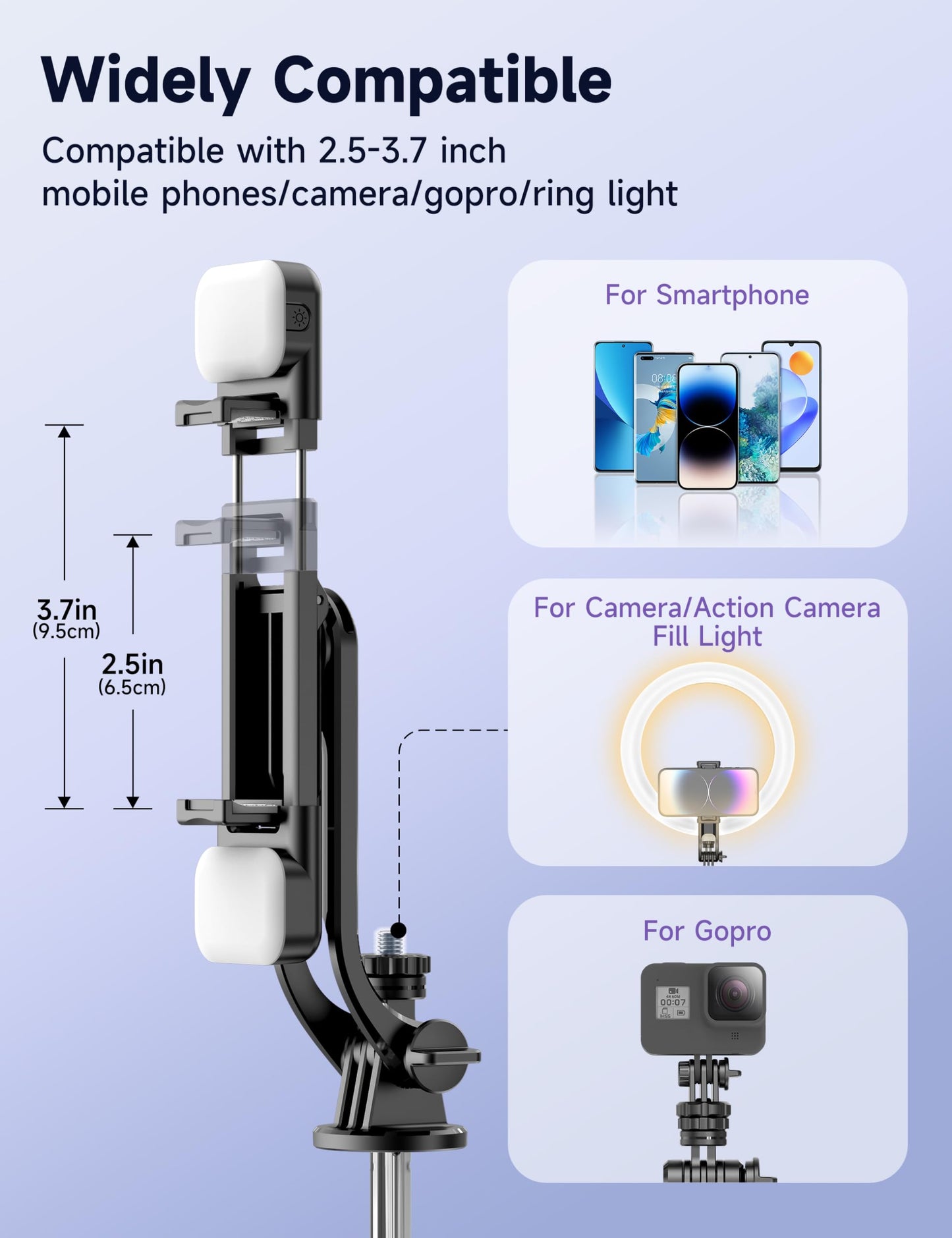 53'' Selfie Stick Tripod with Light, Extendable Selfie Stick with Remote, Portable Cell Phone Tripod Stand with All in 1 Phone Clip, Lightweight