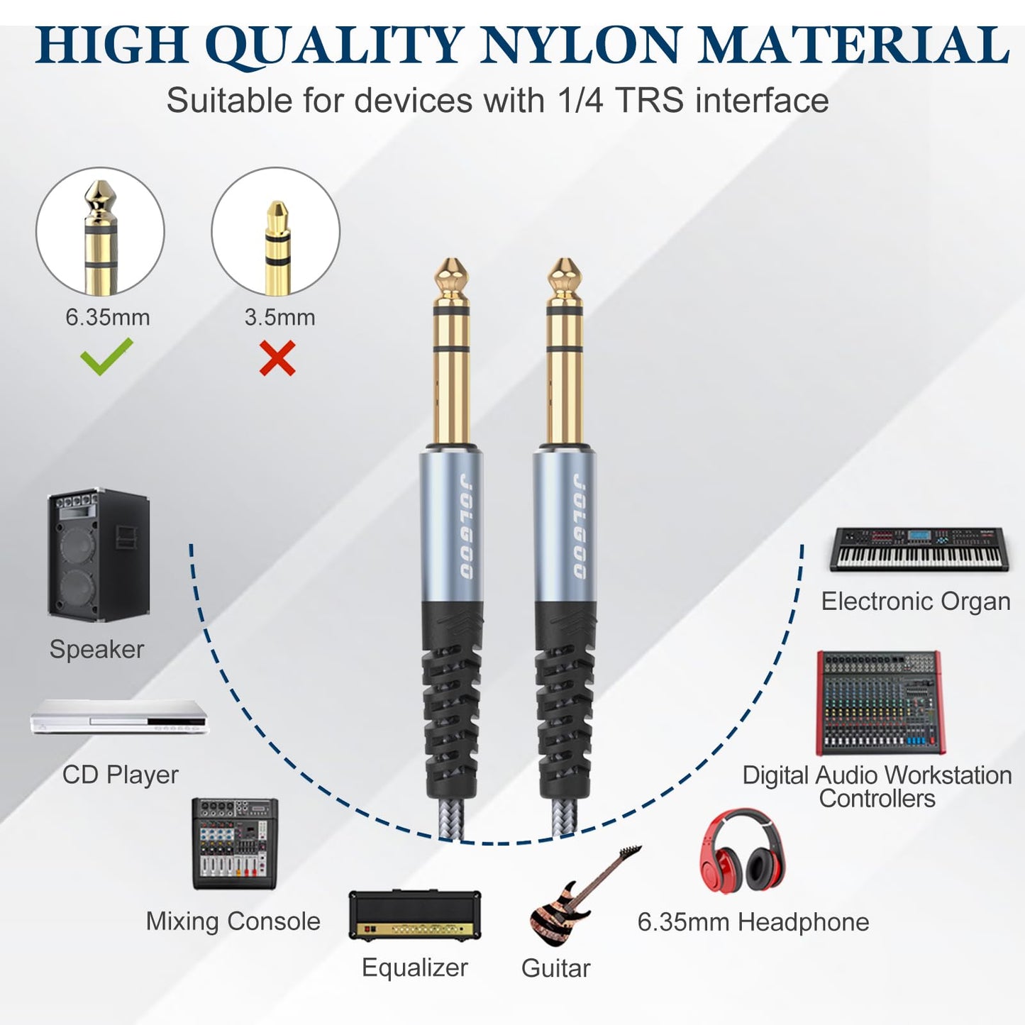 JOLGOO 1/4 Inch TRS Instrument Cable 3.3 FT 2-Pack, Quarter inch Audio Cable, 6.35 Balanced Interconnect Line for Electric Guitar, Bass, Keyboard…