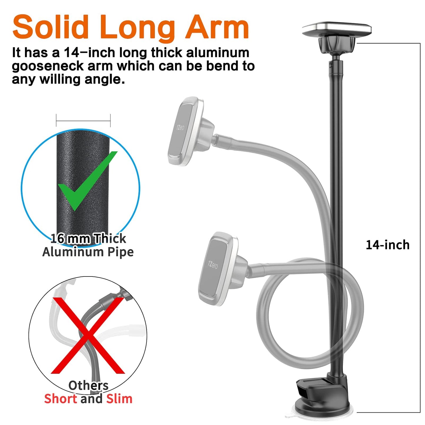 1Zero Magnetic Phone Car Mount 14-Inch Gooseneck Long Arm Extension, Universal Windshield Dashboard Industrial-Strength Suction Cup Car Phone Holder
