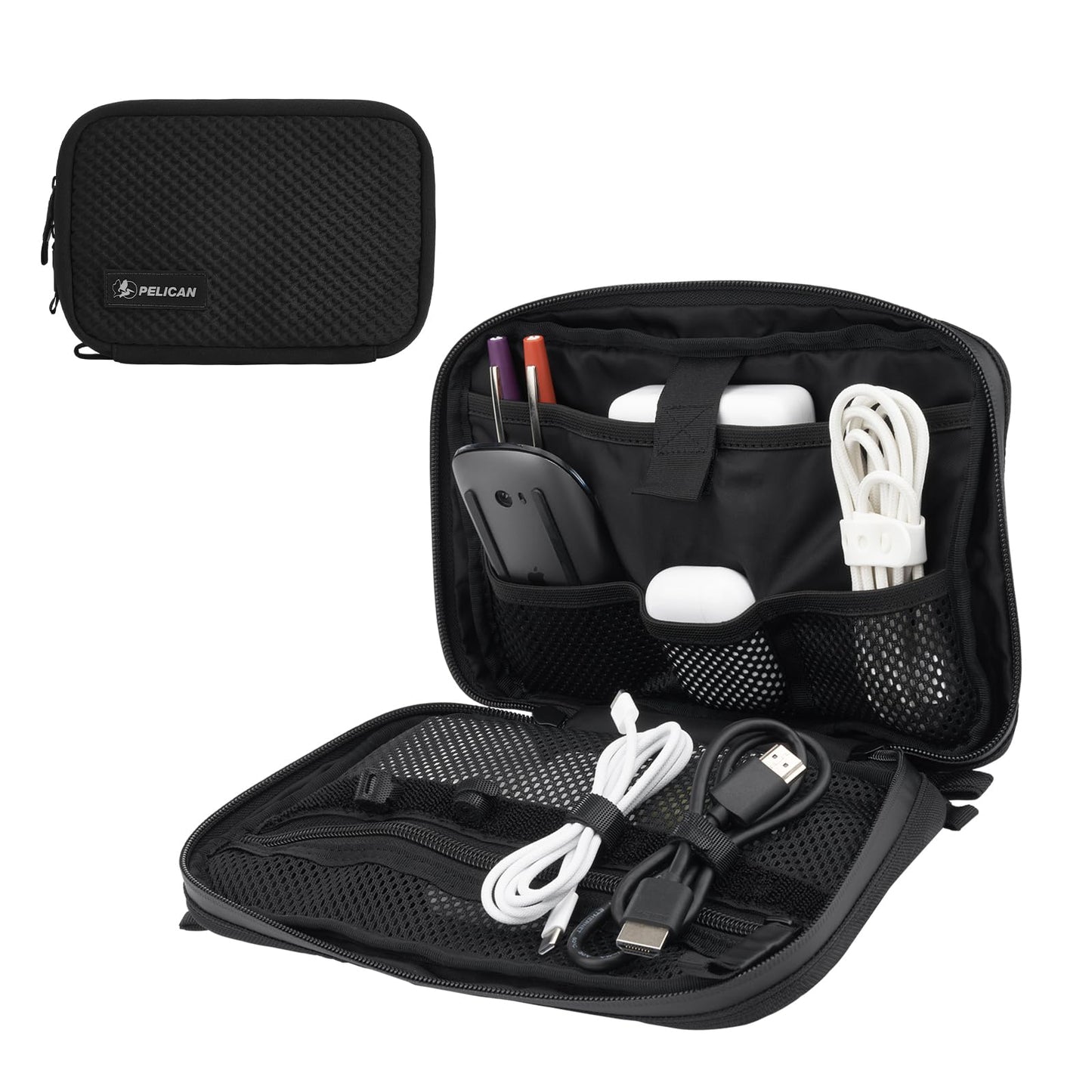 Pelican Electronic Organizer Travel Case - Portable Storage Bag with Multiple Storage Mesh Pockets for Cables, Chargers, Power Bank, AirPods - Black