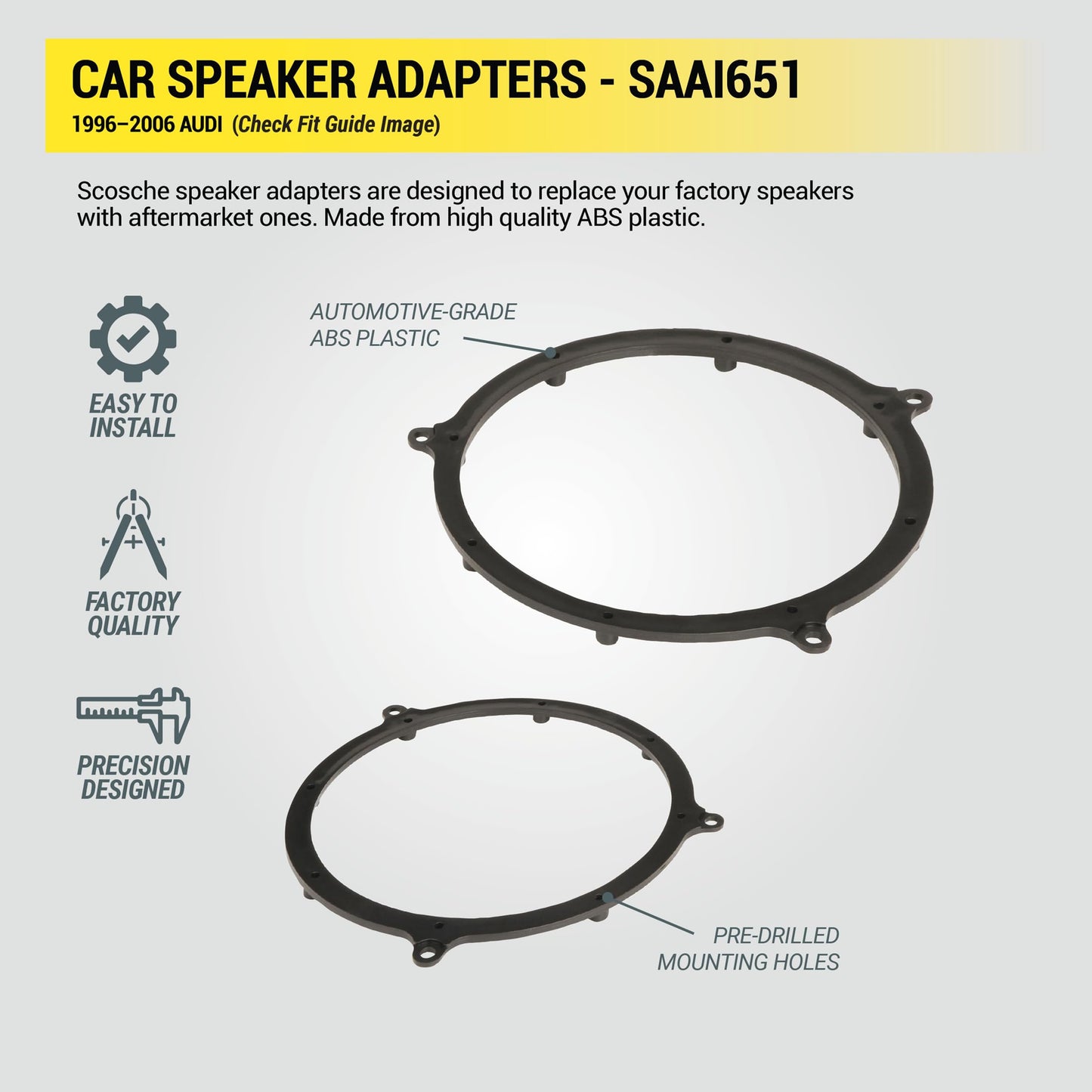 Scosche SAAI651 6.5-6.75” Speaker Adapters Compatible with Select 1996-2006 Audi Vehicles - Adapter Brackets for 6 1/2" to 6 3/4" Car Rear Speakers