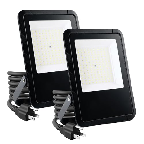 Simple Deluxe 2 Pack LED Flood Lights Outdoor, 100W 10000LM Super Bright Outside Work Light with Plug, IP65 Waterproof, 6500K Floodlight for Garage