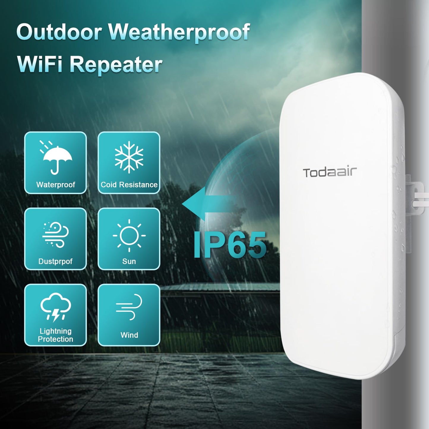 TODAAIR Outdoor WiFi Extender?IP65 Weatherproof?WiFi Booster and Signal Amplifier?Outdoor WiFi Extender for Farm?Courtyard?Factory?Campsite