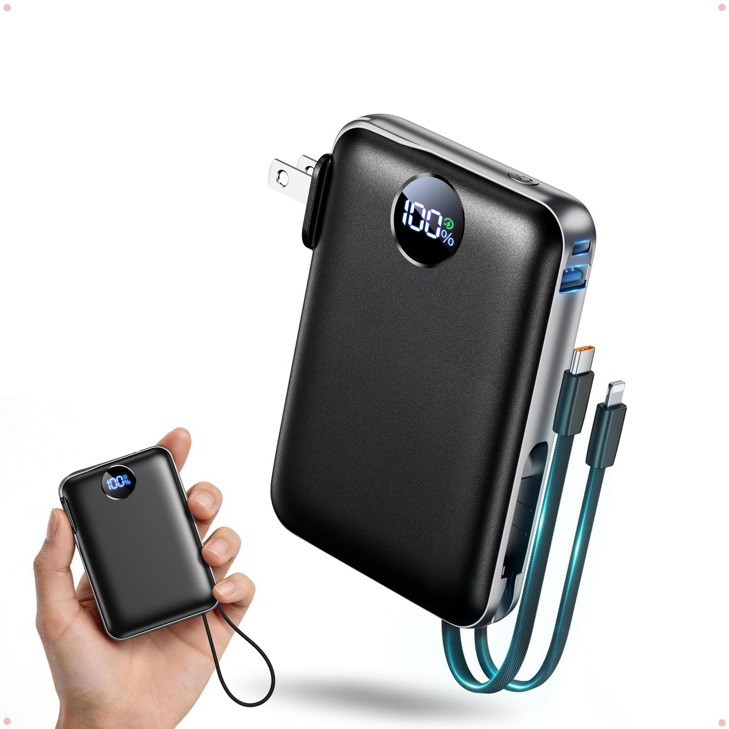 AIFENG Portable Charger Power Bank 10000mAh, Built-in Cables & Wall Plug, 22.5W USB-C Fast Charging Battery Pack, 4 Outputs, LED Display, Mini Travel