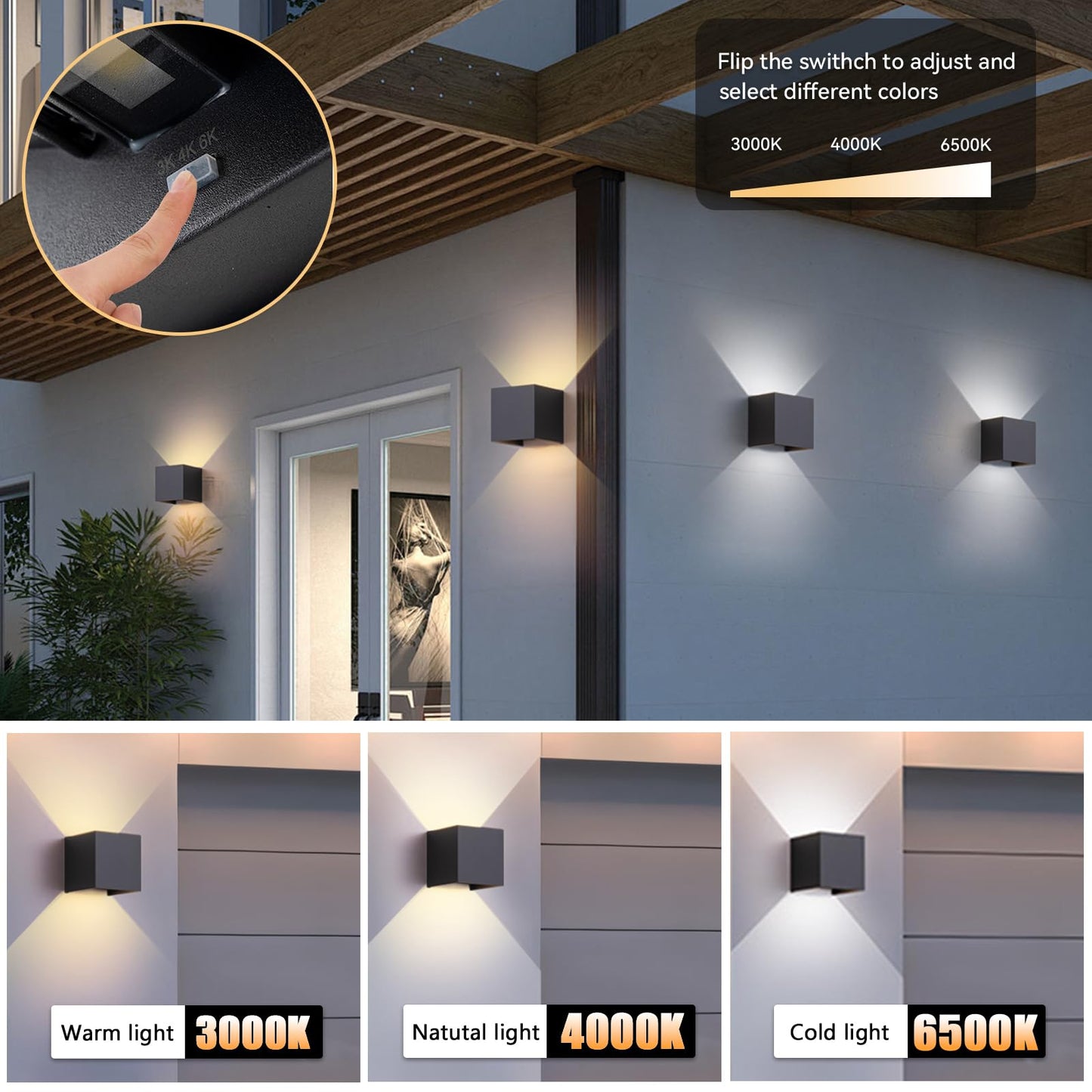 4 Pack LED Outdoor Wall Sconces Exterior/Interior,Modern Black Square Aluminum Wall Light Fixture Set,Variable Beam IP65 Waterproof Lights.15W