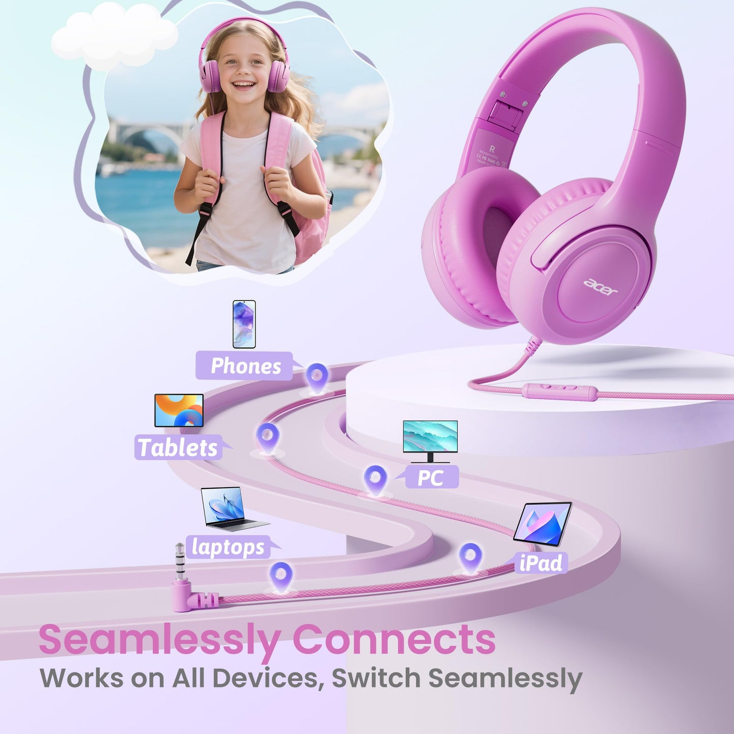 Acer Kids Headphones for School, 85-94dB Limiter, 3.5mm Jack, w/Mic HK03