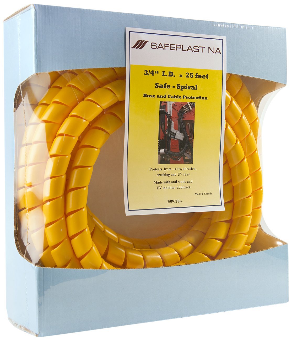 Caplugs SPPC Series - Safeplast Safe-Spiral Pre-Cut Spiral Wrap, Hose & Cable Protector, Yellow HD-PE, 1.0" OD x 25' Pre-Cut Length, Hydraulic