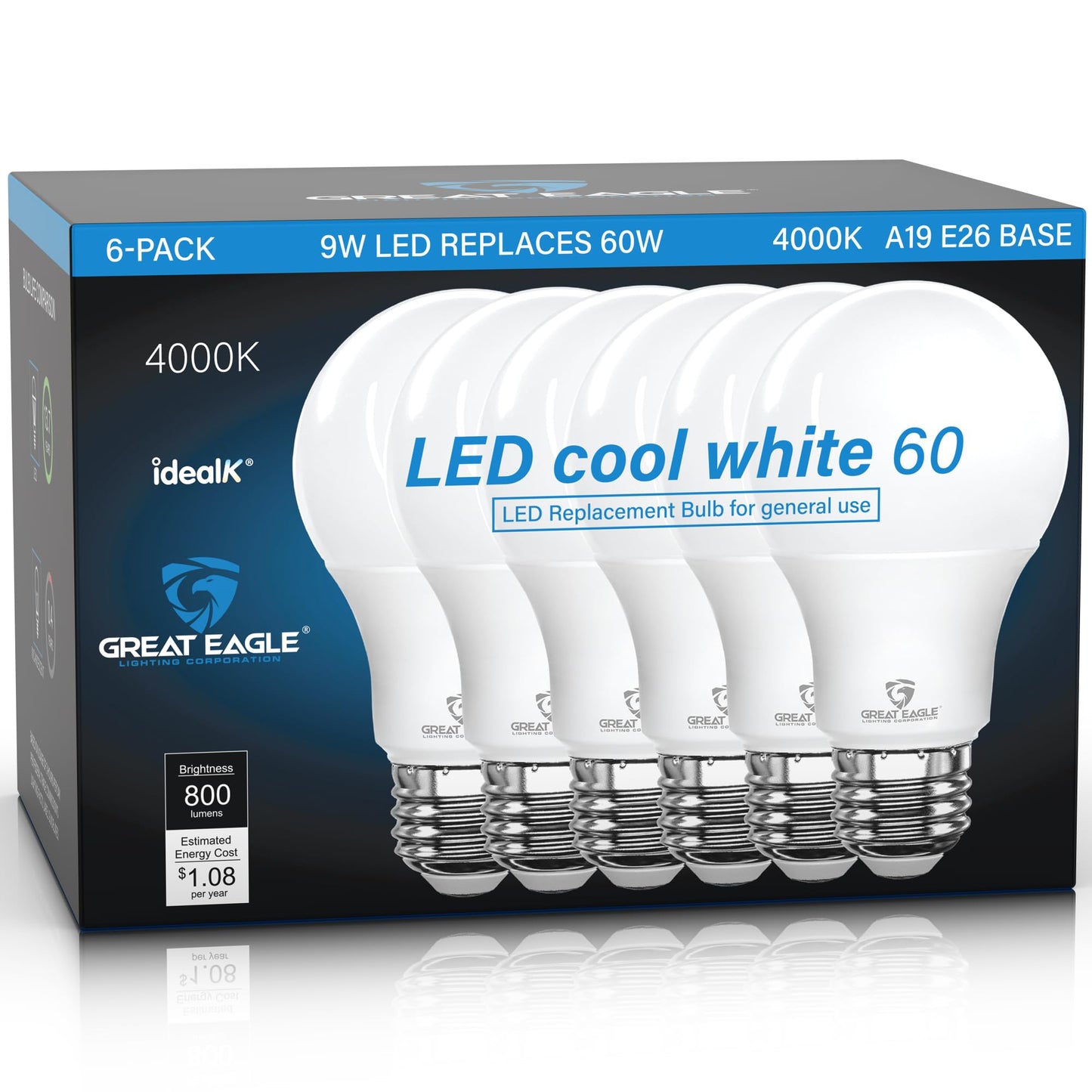 Great Eagle Lighting LED Light Bulbs 60 Watt Equivalent, Cool White 4000K, E26 A19 Light Bulb, 800 Lumens, Non-Dimmable, 120V Energy Saving Bulbs