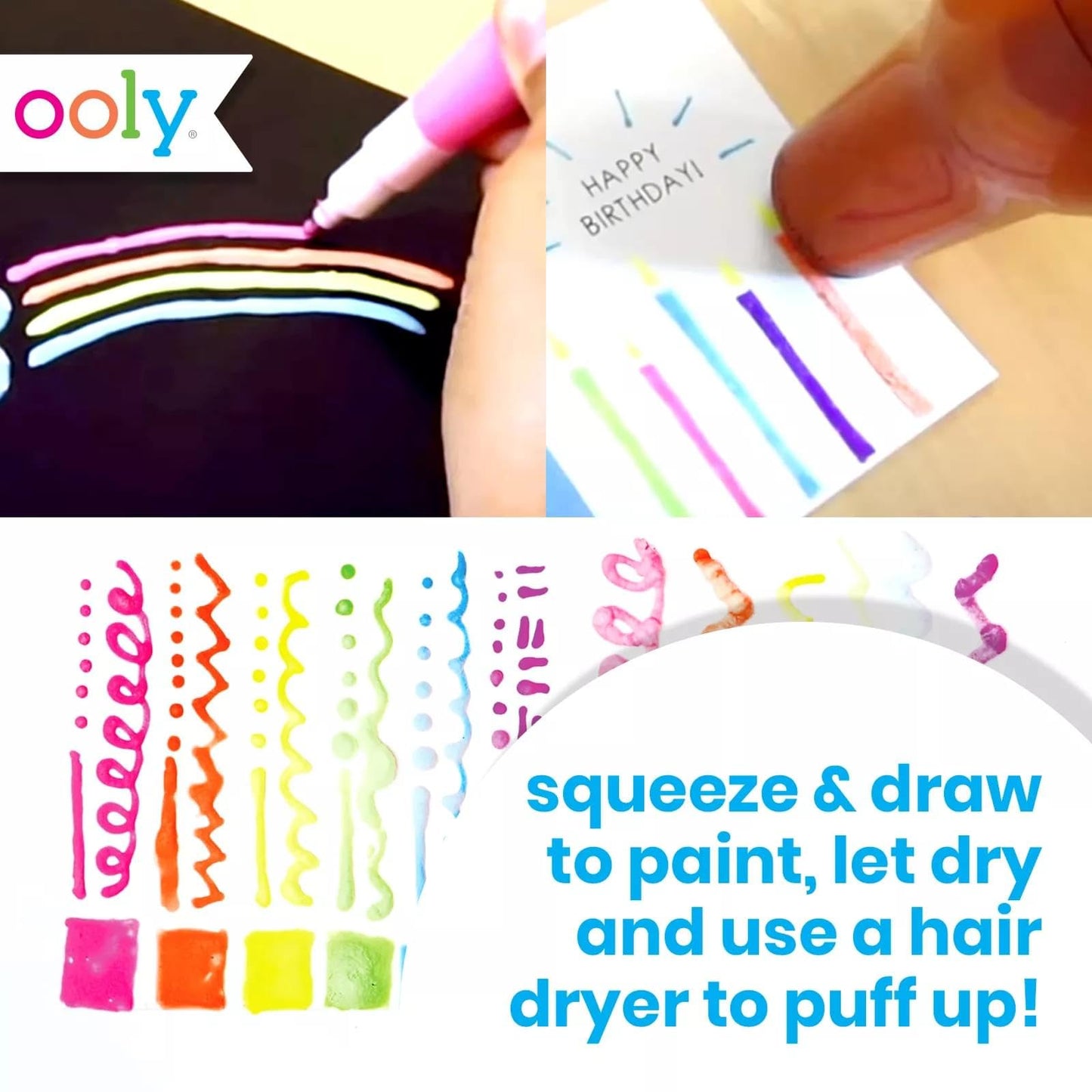 Ooly Puffy Paint Neon Gel Pens Set of 6, 3D Foam Texture Painting Magic Puffy Pen, Creative and Fun Pens for Kids Arts and Crafts Drawing Supplies