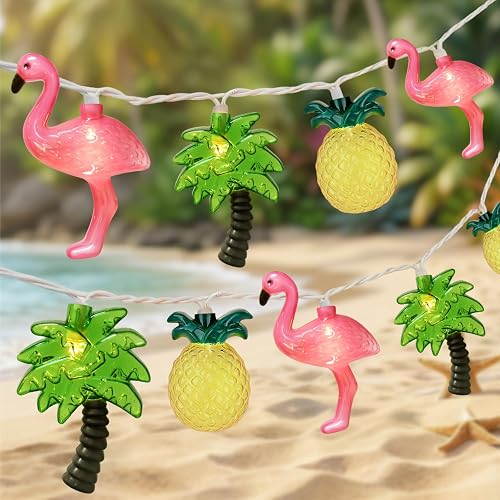 PASUTO Summer Beach Hawaiian String Lights, 10 LED Tropical String Lights, Hawaiian Tropical Beach Pool Party Decorations, Flamingo Pineapple Palm