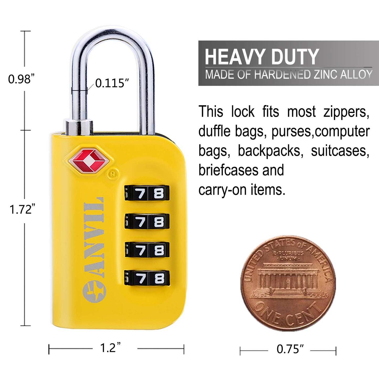 ANVIL TSA Approved Luggage Lock – 4-Digit Combo with Easy-Read Window, for Suitcases, Backpacks, Lockers – Yellow 2 Pack