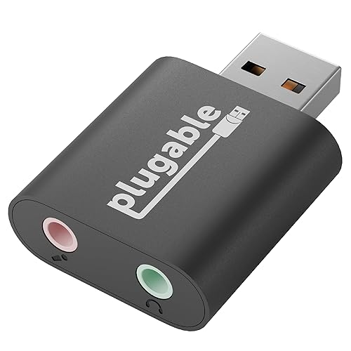Plugable USB Audio Adapter with 3.5mm Speaker-Headphone and Microphone Jack, Add an External Stereo Sound Card to Any PC, Compatible with Windows