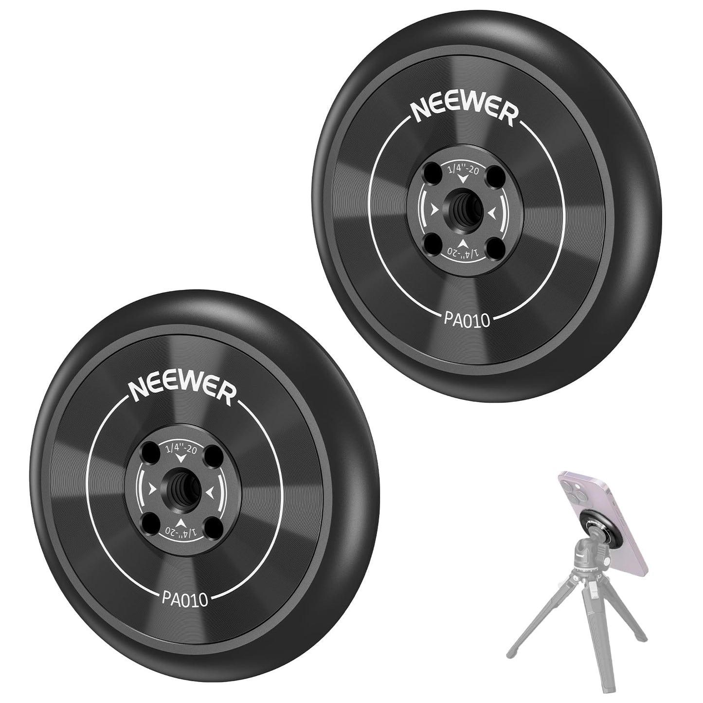 Neewer Magnetic Phone Tripod Mount Adapter with Adhesive Magnetic Ring 2 Pack Compatible with MagSafe iPhone 16 15 Pro Max Plus 14 13 12, 1/4" Thread
