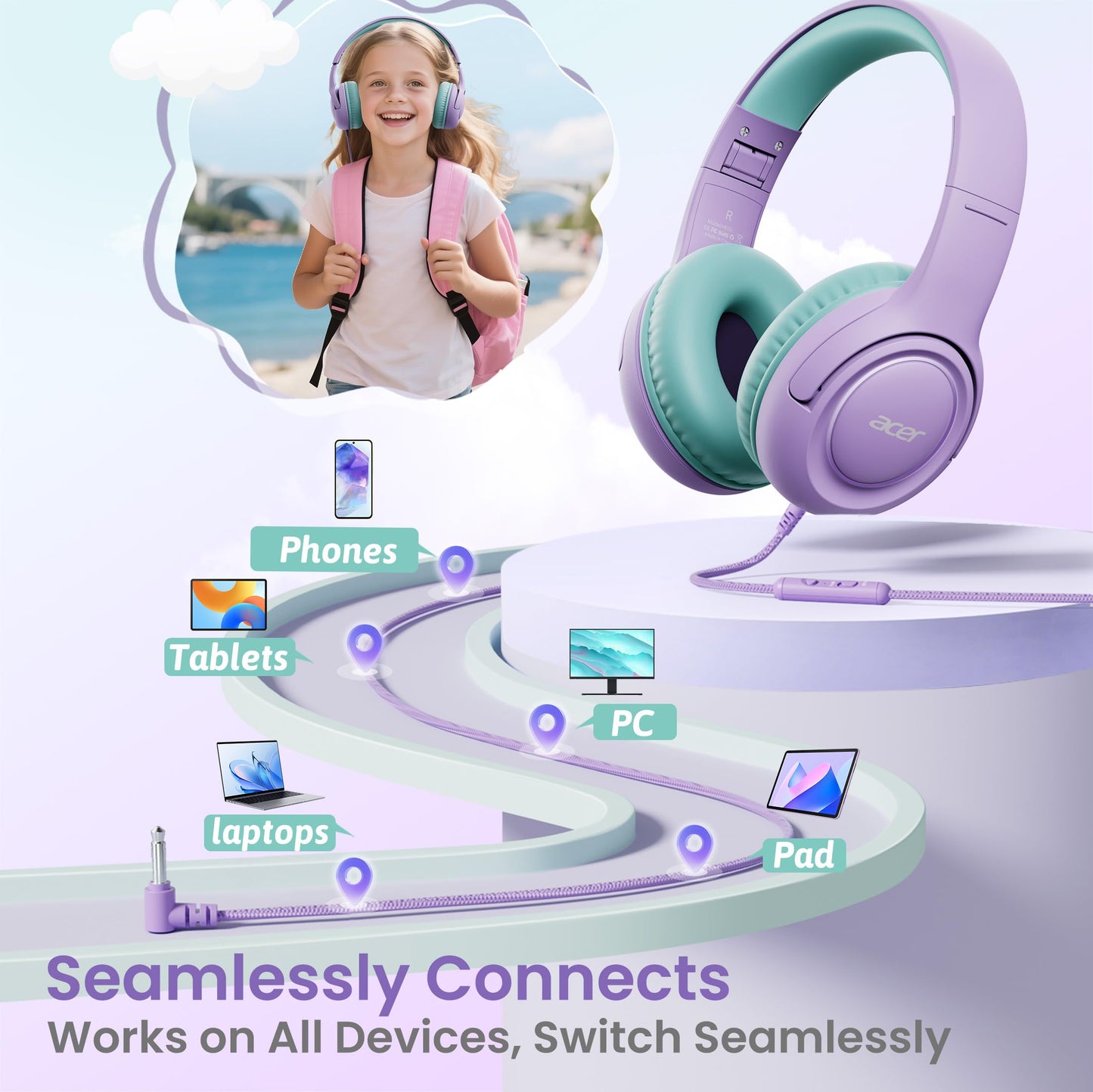 Acer 2?Pack Kids Headphones for School, 3.5mm Jack, w/Mic HK03?2P