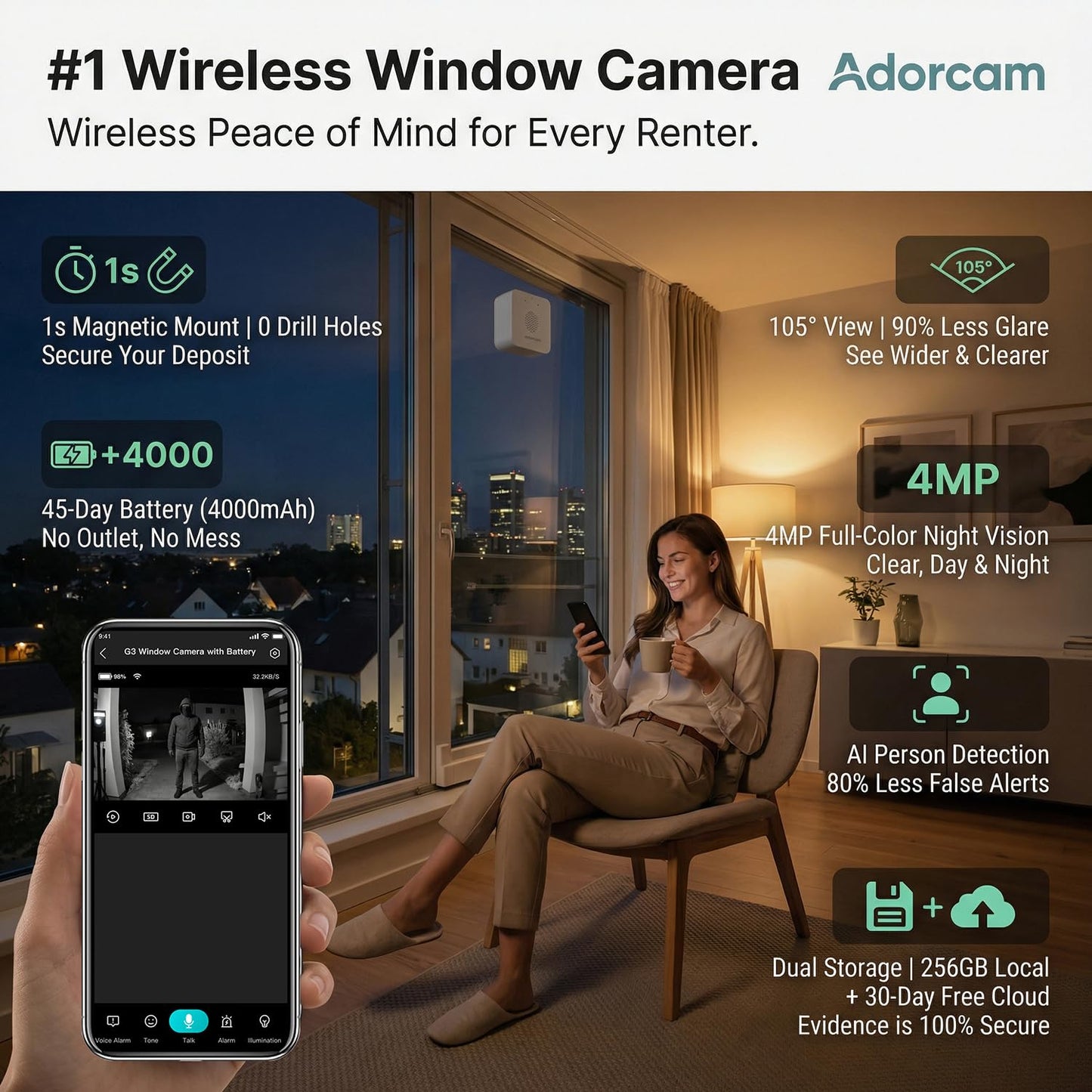 adorcam Wireless Window Camera for Indoor: 45-Day Battery Eliminates All Cords - No Outlet Needed for Renters No Messy Wiring for Apartments Windows