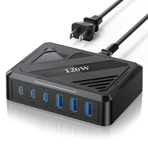 MaxLax 120W 6-Port USB Desktop Rapid Charging Station, 3 USB-C Ports + 3 USB-A Ports, PD & QC Smart Adaptive Charging, Compatible
