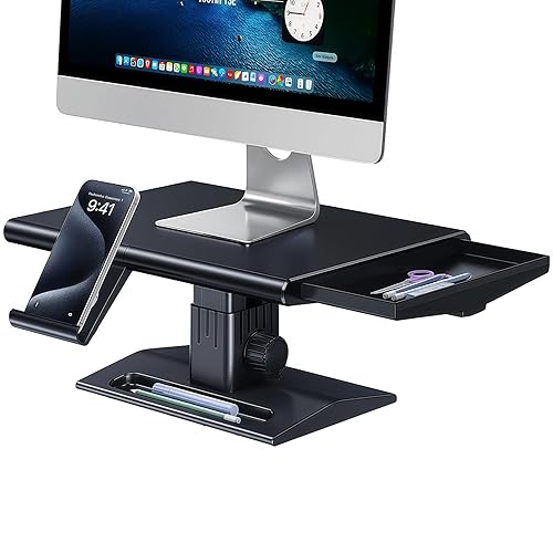 nediea Computer Monitor Stand Riser,Height Adjustable Laptop Stand with Drawer & Phone Holder,Desktop Storage Stand for Printer,Desk Organizer