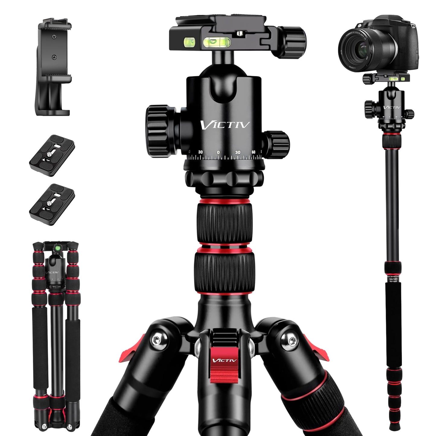 Camera Tripod, 80" Aluminum Heavy Duty Camera Tripod Stand with 360° Ball Head, Phone Holder & Carry Bag, Professional Camera Tripods & Monopods