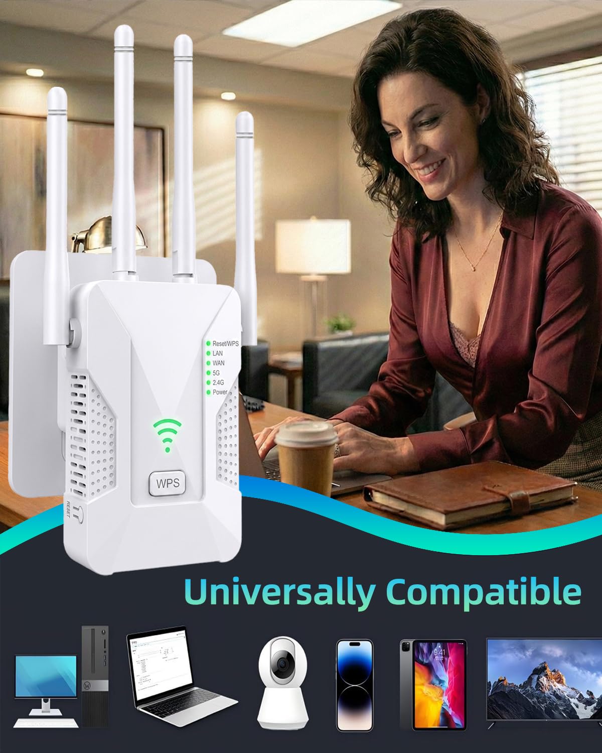 2026 WiFi Extender Signal Booster, 1200Mbps Dual Band 5GHz&2.4GHz Internet Booster, Up to 15000 Sq.Ft Coverage, 3-in-1 WiFi Repeater with 2 Ethernet