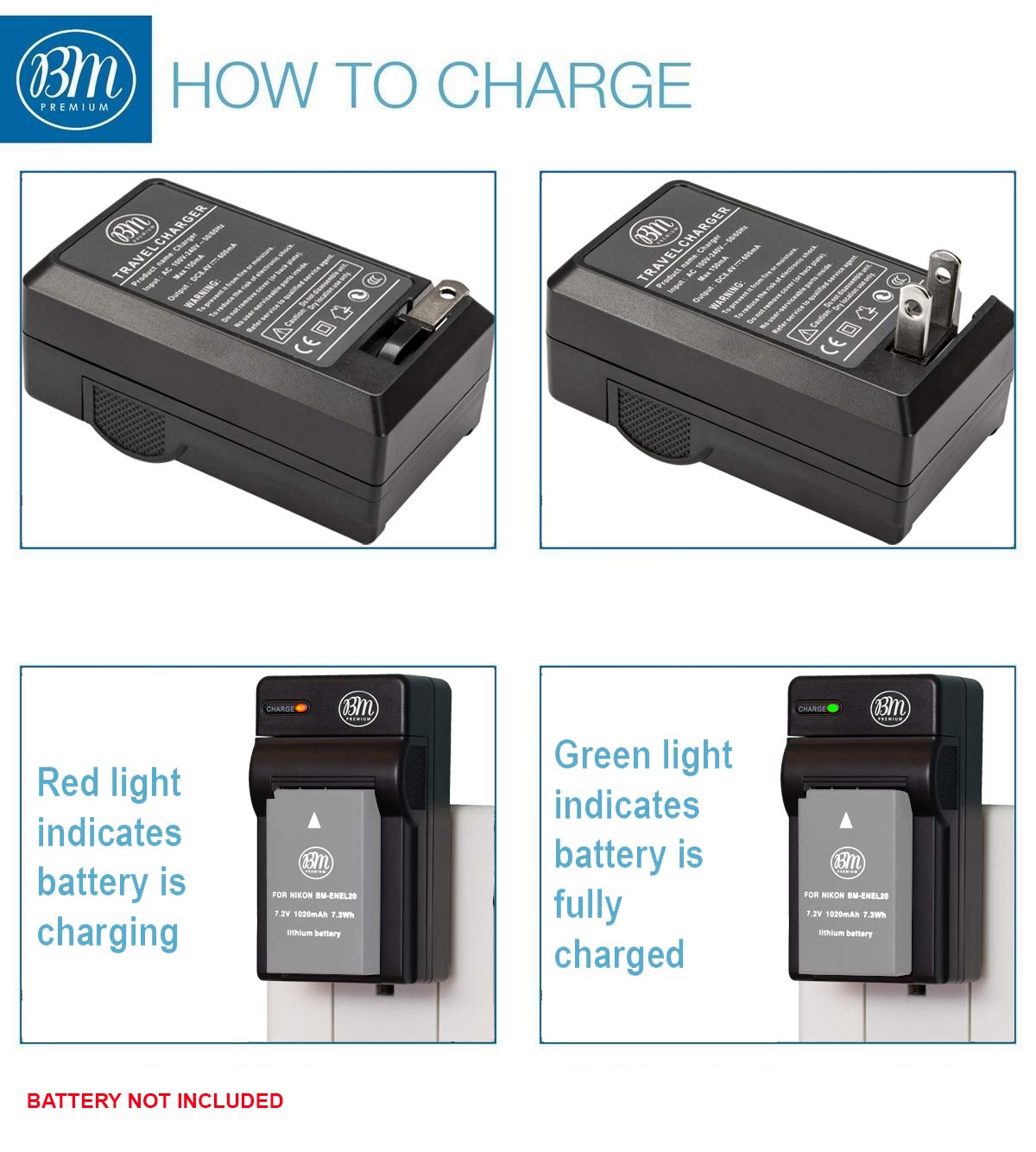 BM Premium EN-EL20, EN-EL20A Battery Charger for Nikon Coolpix P950, P1000, P1100, DL24-500, Coolpix A, 1 J1, 1 J2, 1 J3, 1 S1, 1 V3 Digital Camera +