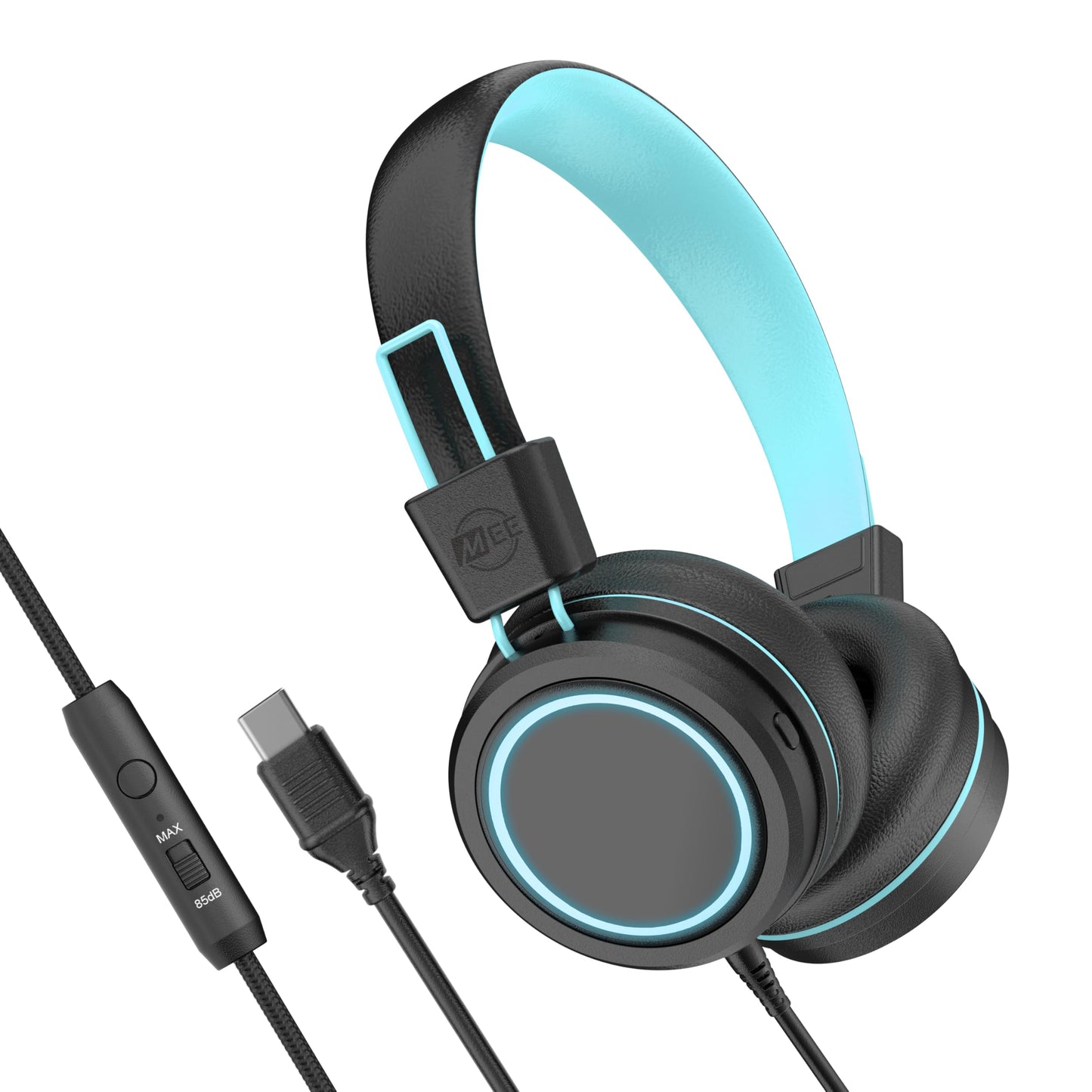 MEE audio KidJamz KJ55 USB-C Headphones for Kids w/LED Lights, Volume Limiter, Microphone On-Ear Wired Children's Headset for iPhone 15/16/17, iPad