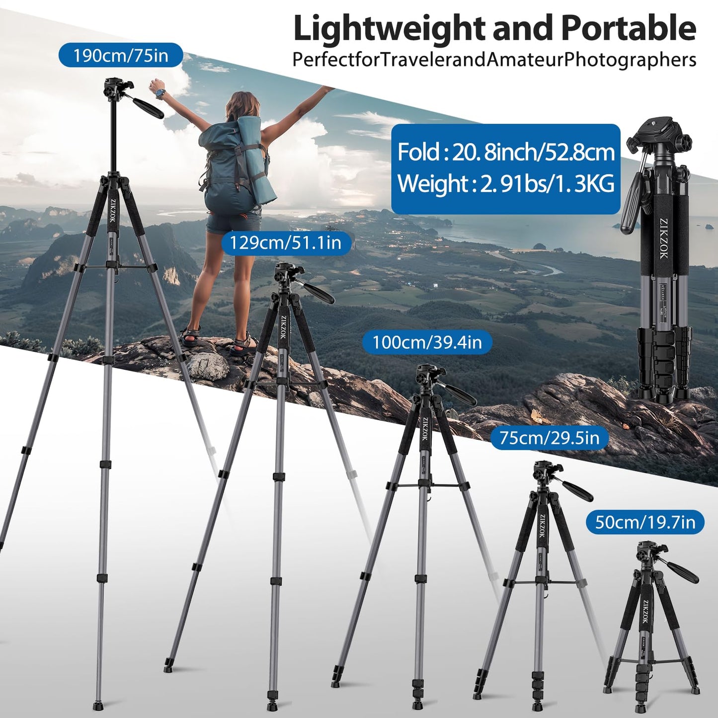 75" Camera Tripod, Heavy Duty Aluminum Camera Stand for ipad Phone, Travel Tripod with Remote/Carry Bag/Phone Tablet Holder, Compatible with DSLR