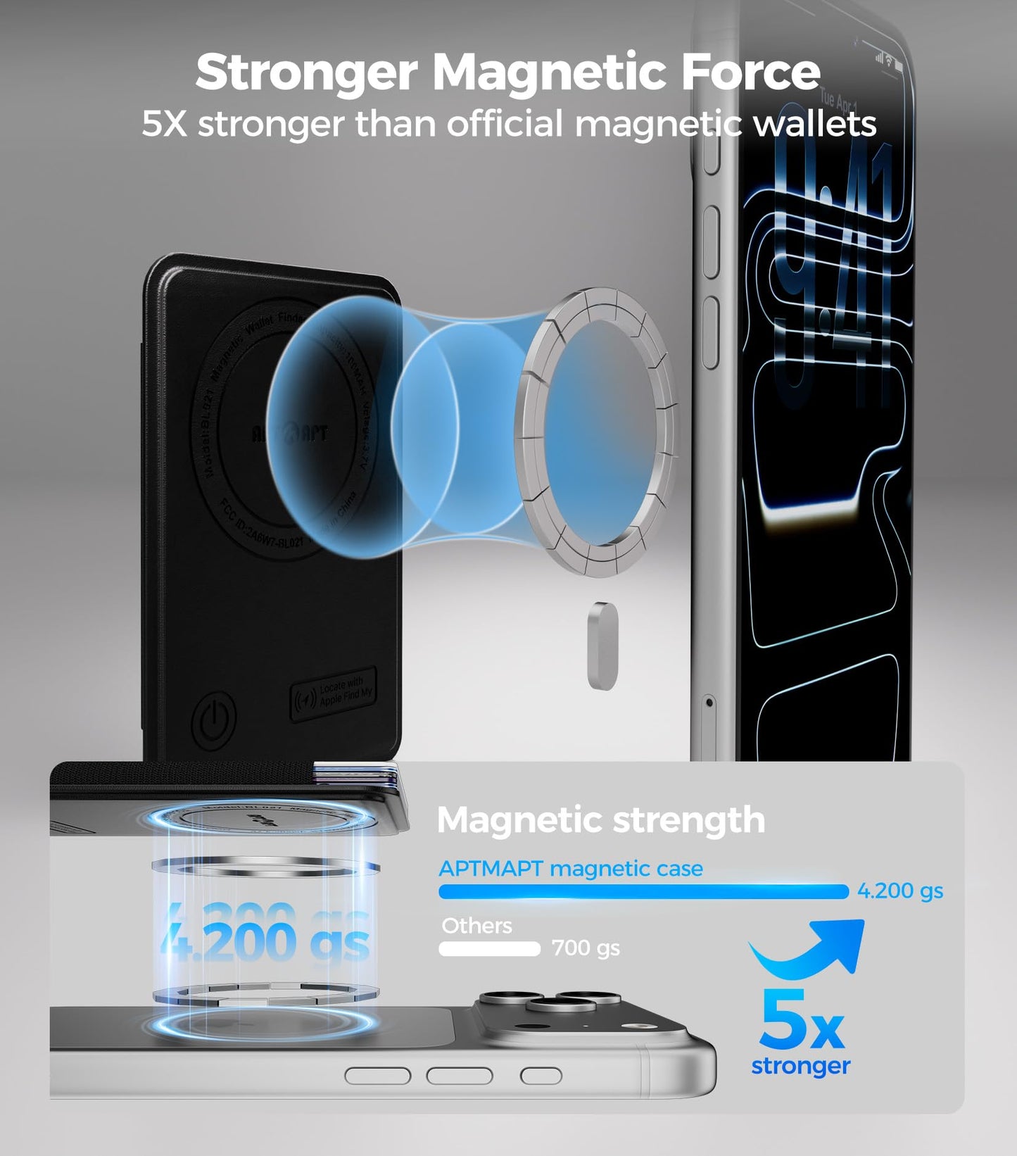 APTMAPT for MagSafe Wallet Works with Apple Find My, 5-Card RFID Holder with Pop-Up Strap, Strong Magnetic Wallet for iPhone 17/16/15/14/13/12 Pro Max