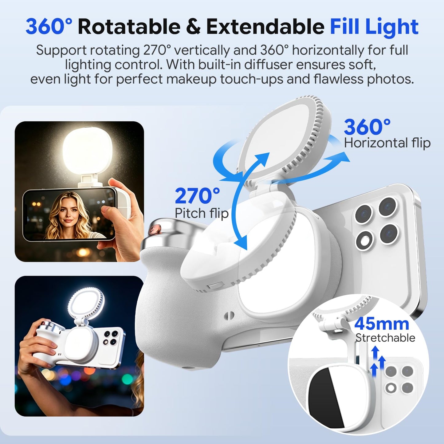 Ergonomic Phone Camera Grip with Selfie Light, Compatible with MagSafe