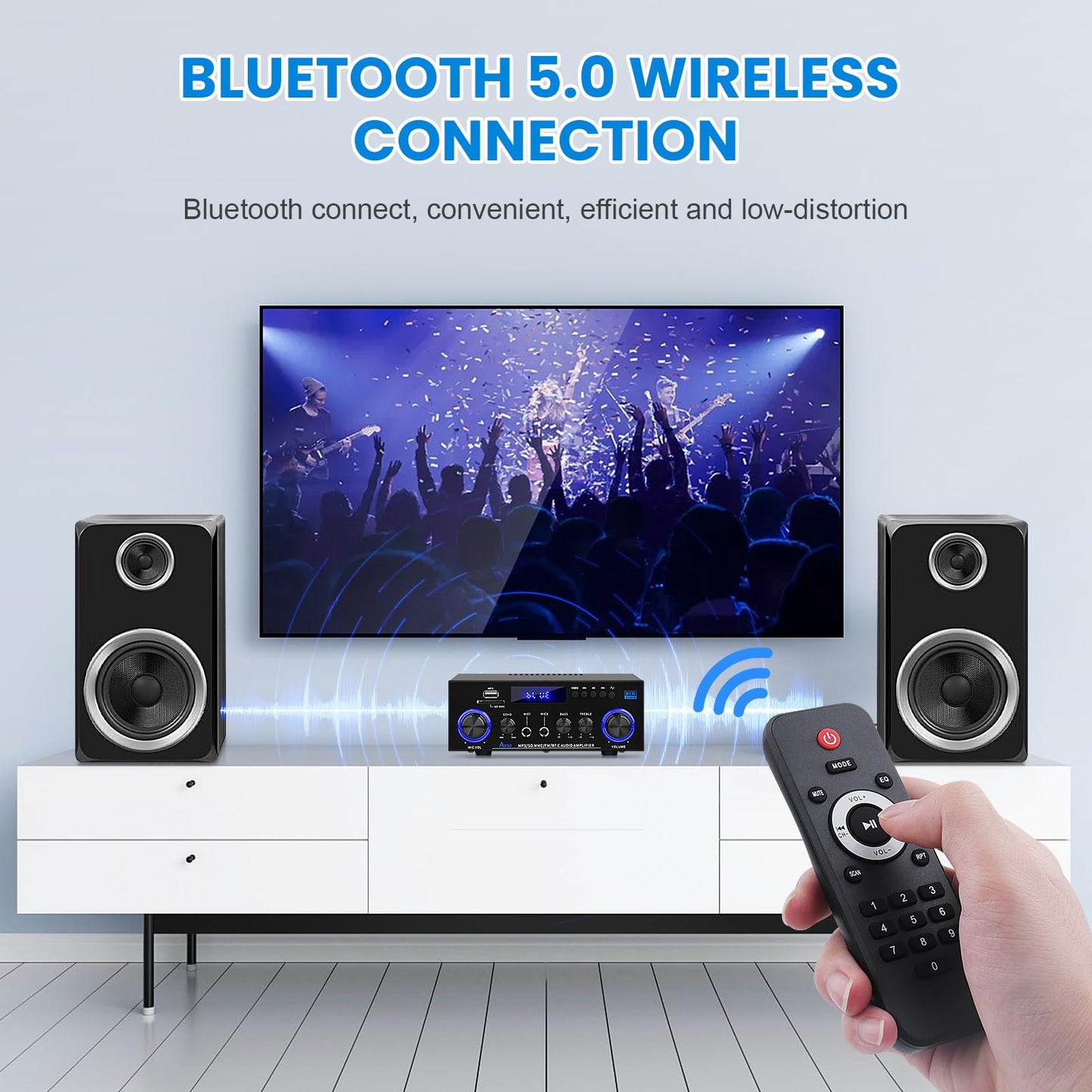 AK50 Amplifier Home Audio, 400W Home 2 Channel Bluetooth 5.0 Power Receivers Amp Subwoofer Output,Mini Speaker FM Radio,USB/SD Card/Aux/Mic in