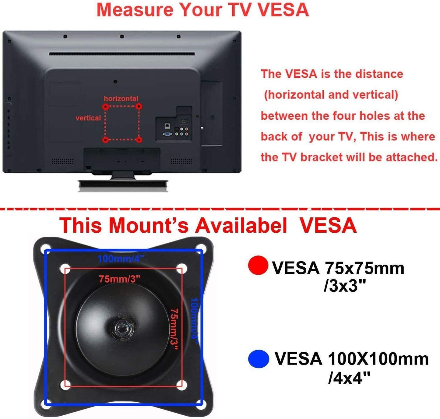 VideoSecu TV Wall Mount Rotation for Flat Panel LCD LED Plasma TV Monitor 75 x75mm 100x100mm ML32B B74