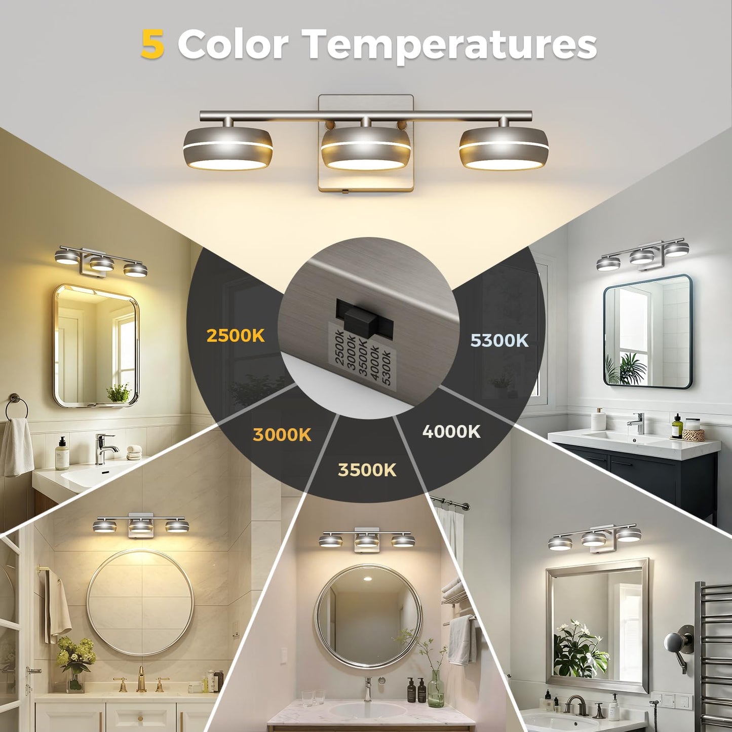 KELIDEN Vanity Light Fixture, 3-Light Brushed Nickel Bathroom Vanity Light with 5CCT, Dimmable Modern Wall Light for Mirror and Bathroom