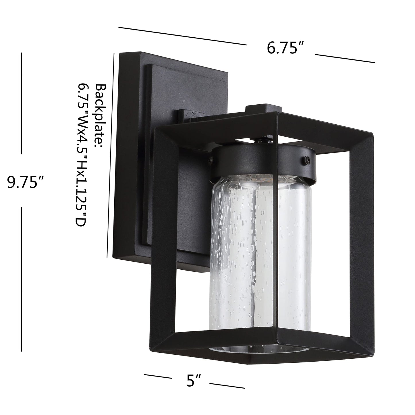 JONATHAN Y 9.75" Black 1-Light Iron and Seeded Glass Outdoor Wall Sconce, Modern Cube Design for Entryway Porch or Patio, Farmhouse Industrial, ETL