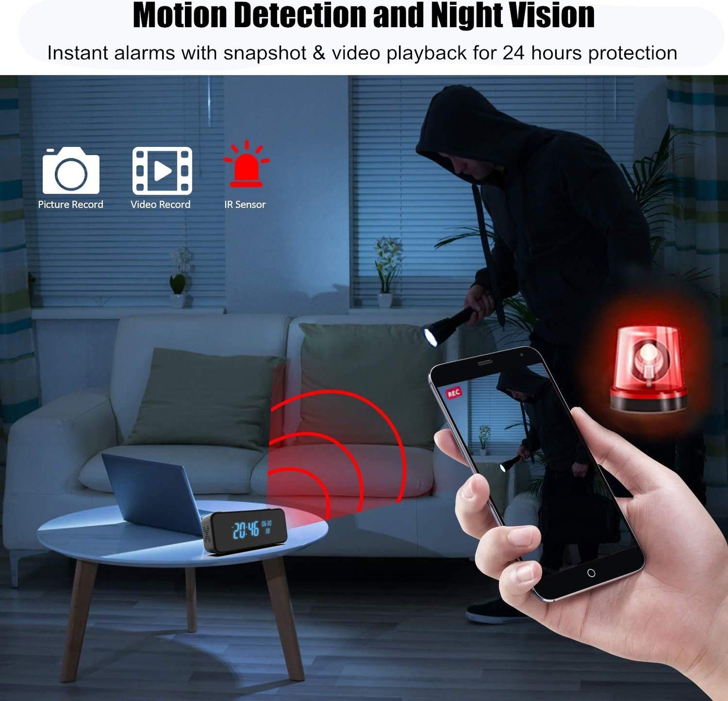 Wireless 4K Full HD Security Mini Camera, 3-in-1 Nanny Cam with Alarm Clock & Bluetooth Speaker, Clear Night Vision & Motion Detection Alarm, APP