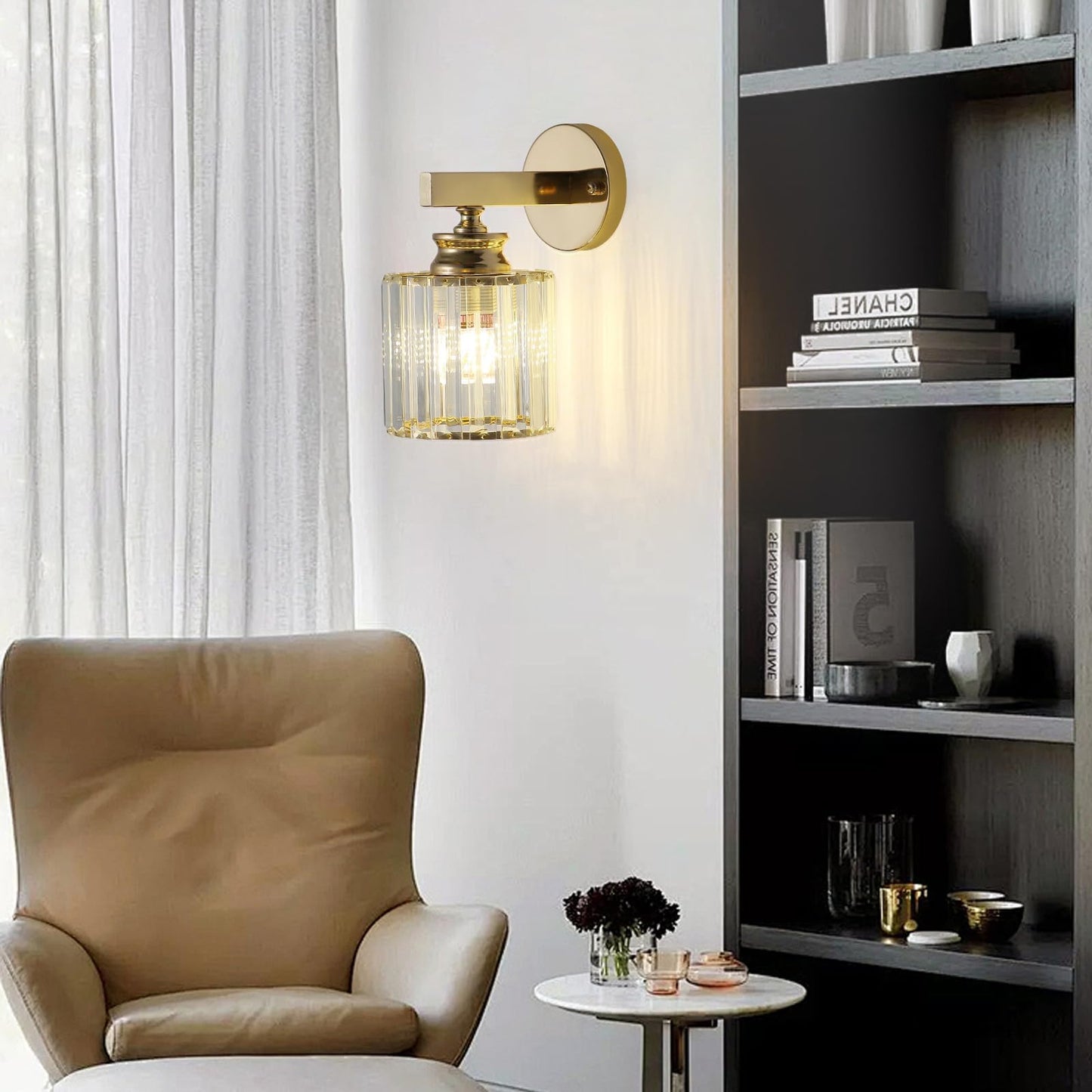Sxtiger Hardwired Crystal Wall Sconces, Modern E27 Wall Lights, Gold Round Finish Wall Lamp for Living Room Bedroom Dining Room Hallway Entryway (Gold