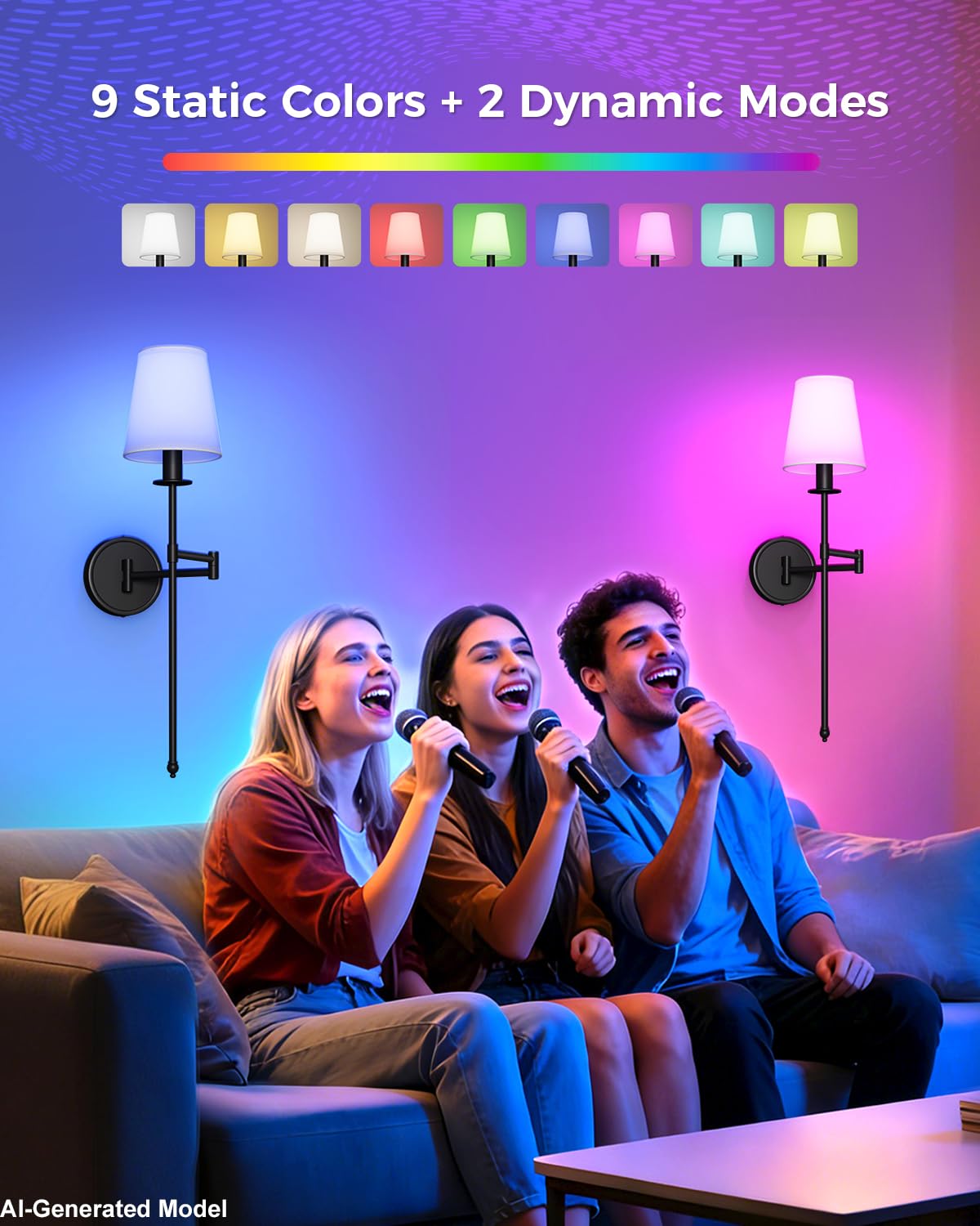 Joosenhouse Black Wireless Wall Sconces Set of 2, Battery Operated Wall Lights with Remote Control, 9 RGB Color Options, 24.8 inch Dimmable Wall