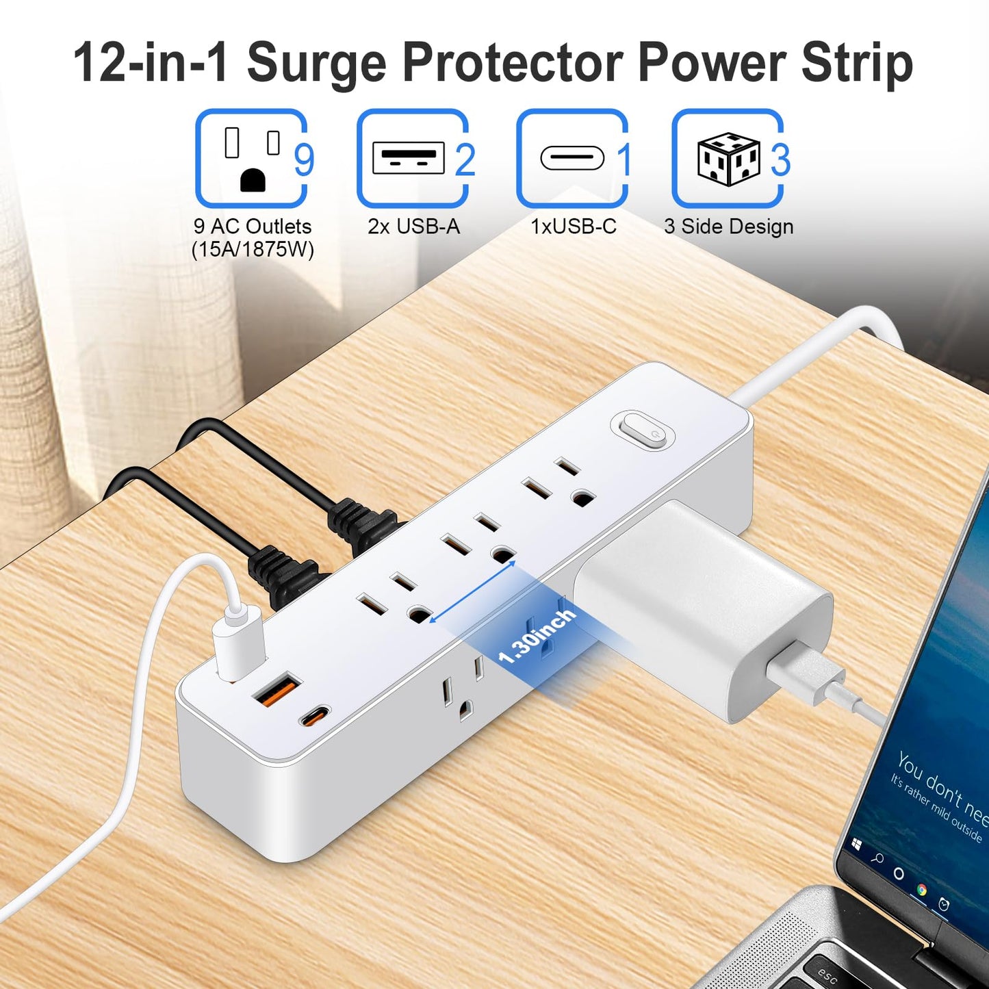 10FT Power Strip Surge Protector, 12-in-1 Power Bar with Multiple Outlets, 9 Outlet 3 USB Ports, Flat Plug Power Strip Surge Protector, Multi Outlet