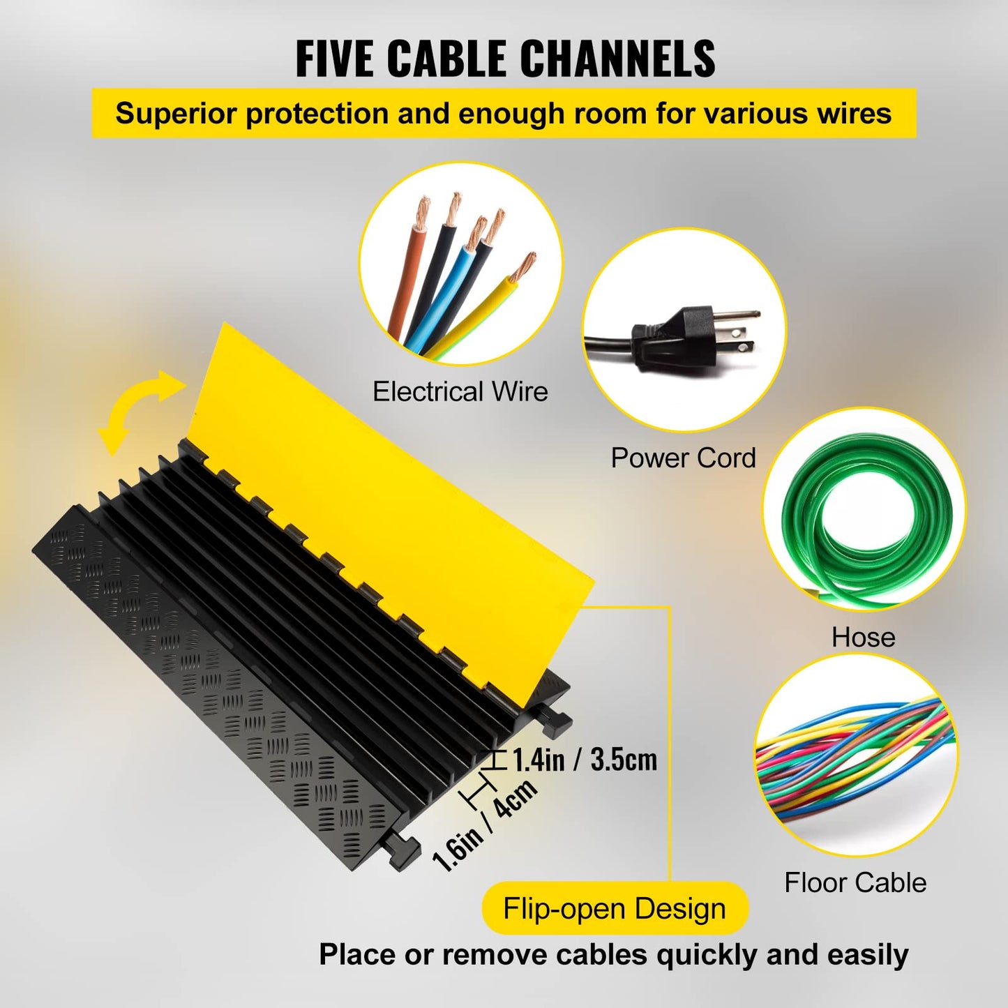 VEVOR 5 Channel Cable Protectors Extreme Rubber Cable Ramps Heavy Duty Protective Cable Wire Cord Ramp Driveway Rubber Traffic Speed Bumps Cable